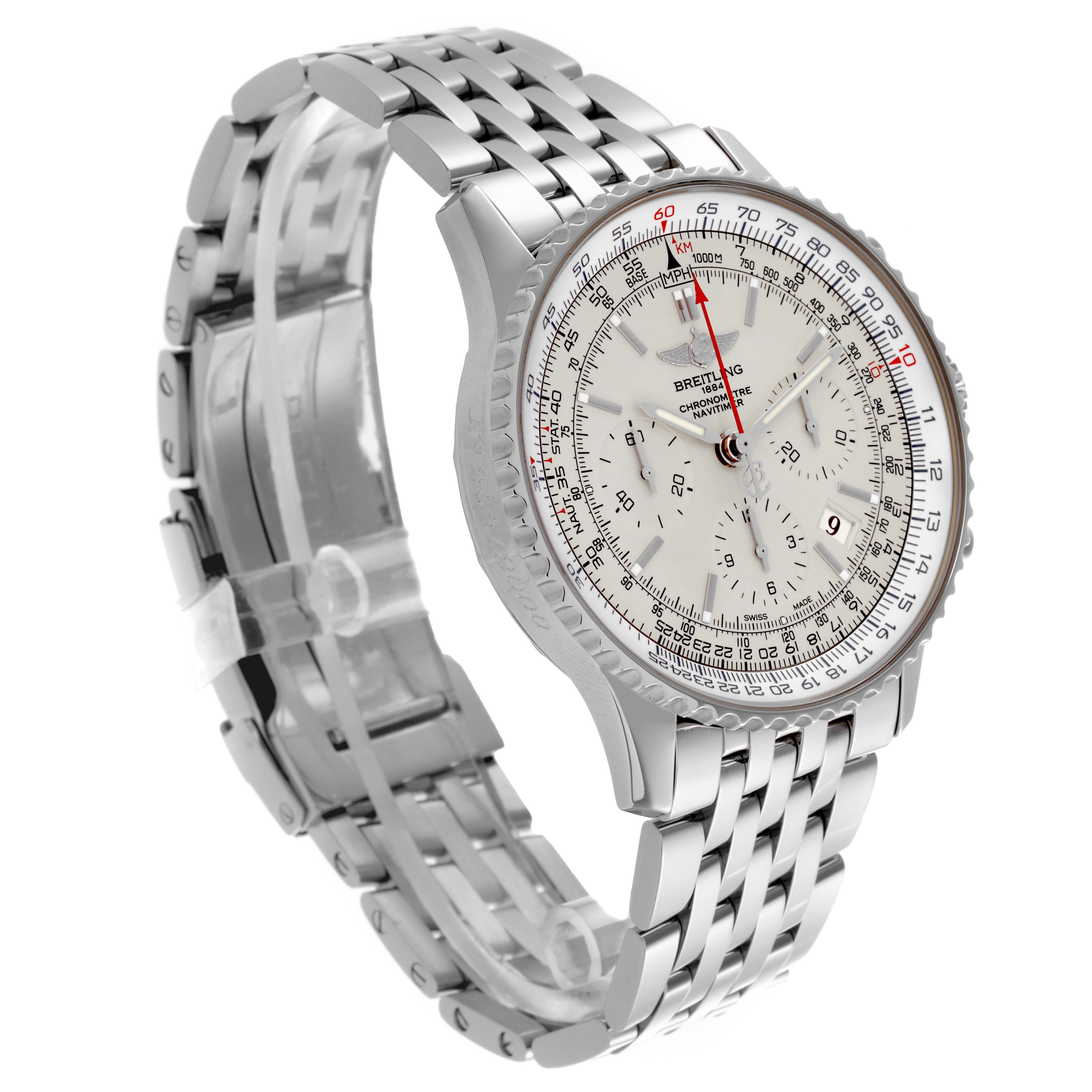 The Breitling Navitimer AB0123 Men's Stainless Steel Silver Dial AB0123 Men's Stainless Steel Silver Dial watch is shown at a three-quarter angle, highlighting the face, bezel, bracelet, and clasp.