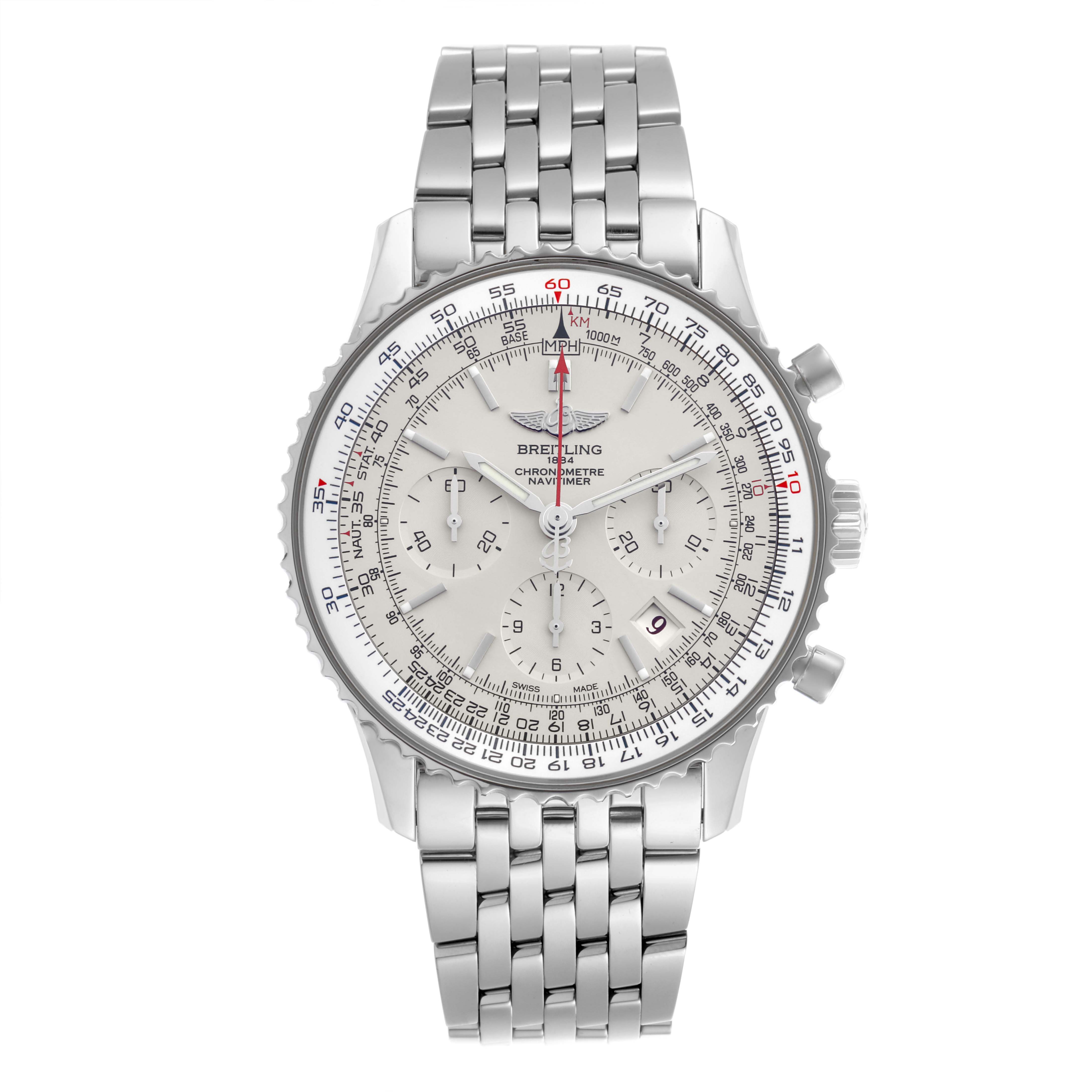 The Breitling Navitimer AB0123 Men's Stainless Steel Silver Dial AB0123 Men's Stainless Steel Silver Dial watch is shown from a front angle, displaying the face, bezel, subdials, crown, and metal bracelet.
