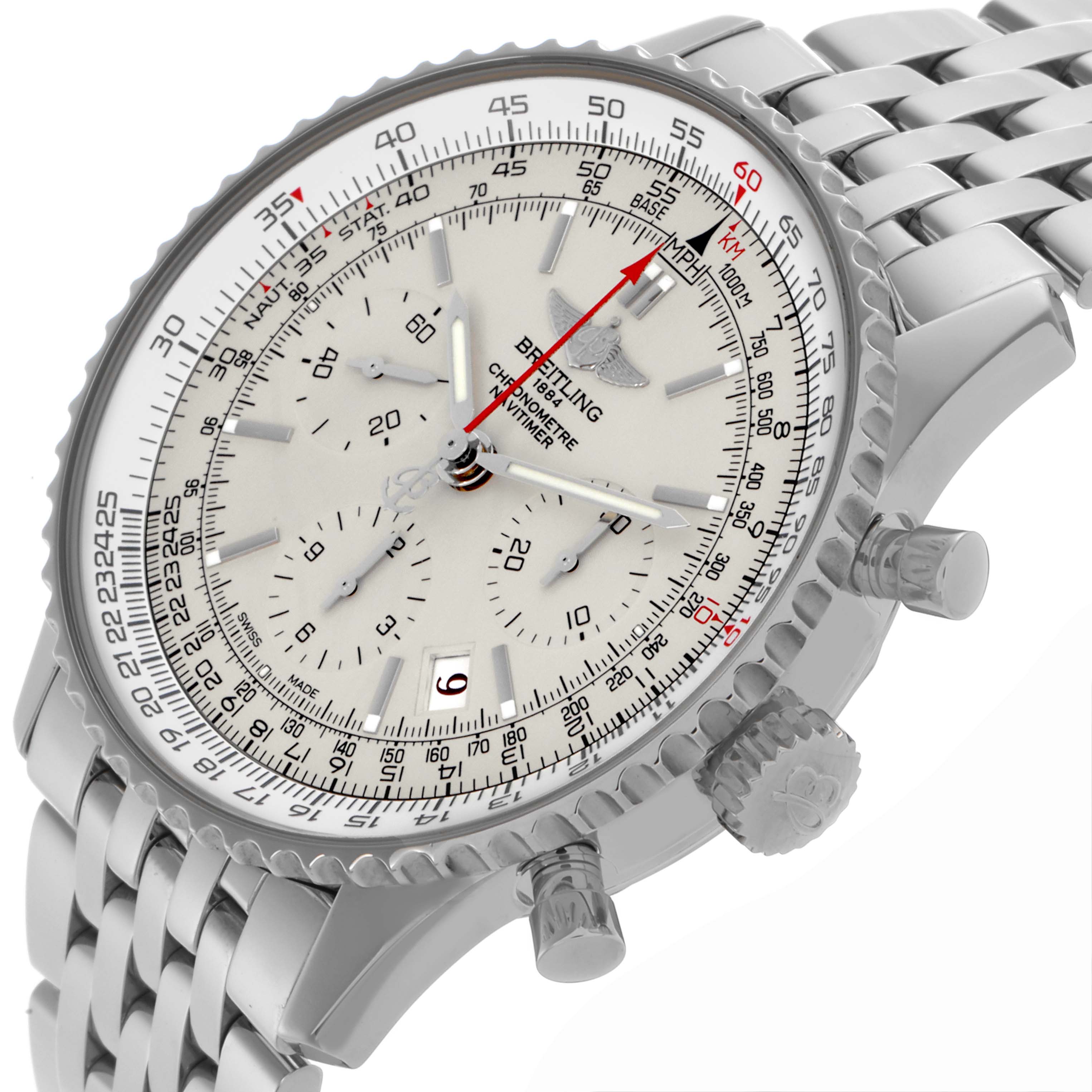 The Breitling Navitimer AB0123 Men's Stainless Steel Silver Dial AB0123 Men's Stainless Steel Silver Dial watch is shown from an angled view highlighting the dial, bezel, crown, and stainless steel bracelet.