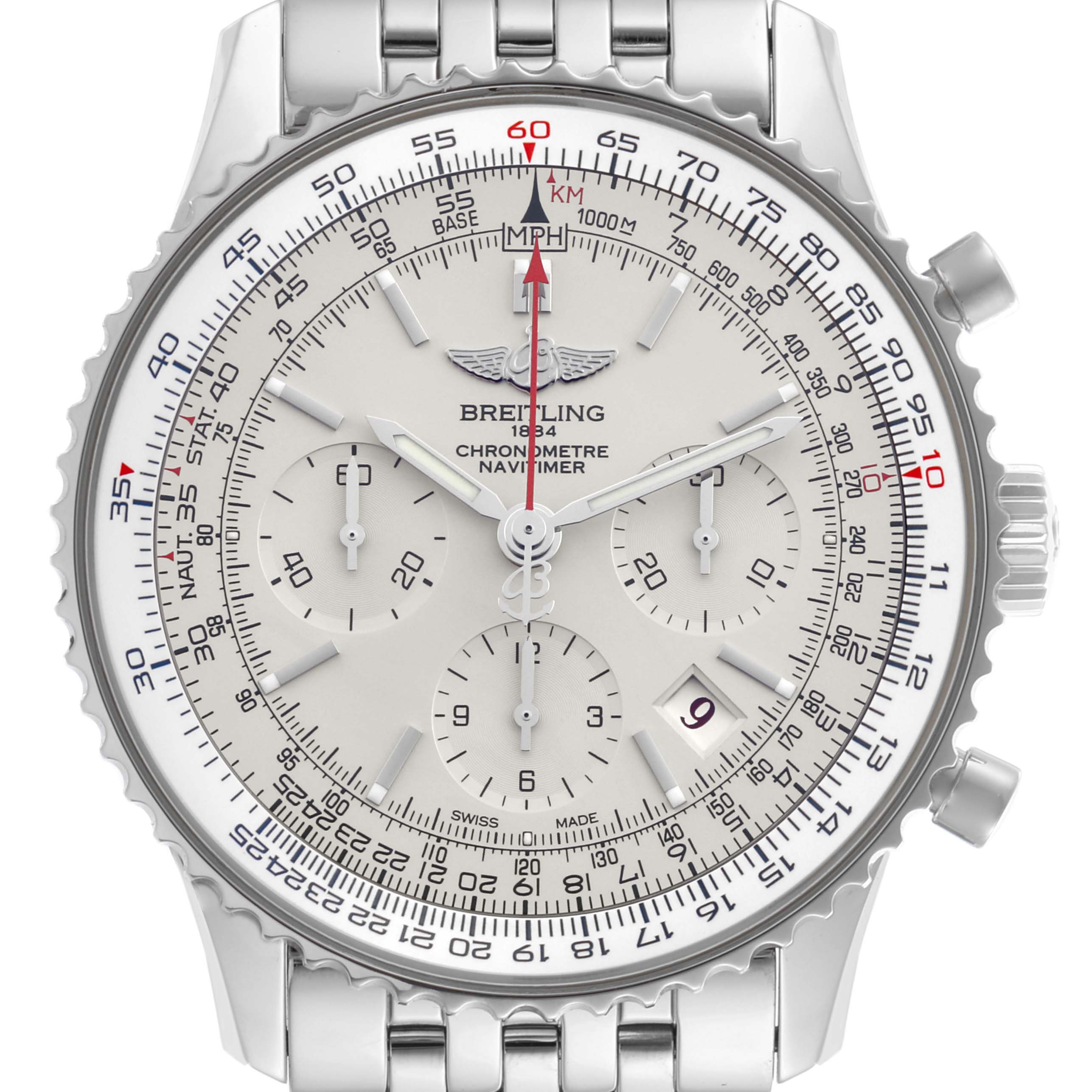 The Breitling Navitimer AB0123 Men's Stainless Steel Silver Dial AB0123 Men's Stainless Steel Silver Dial is shown from a front angle, displaying its dial, bezel, and metal bracelet.