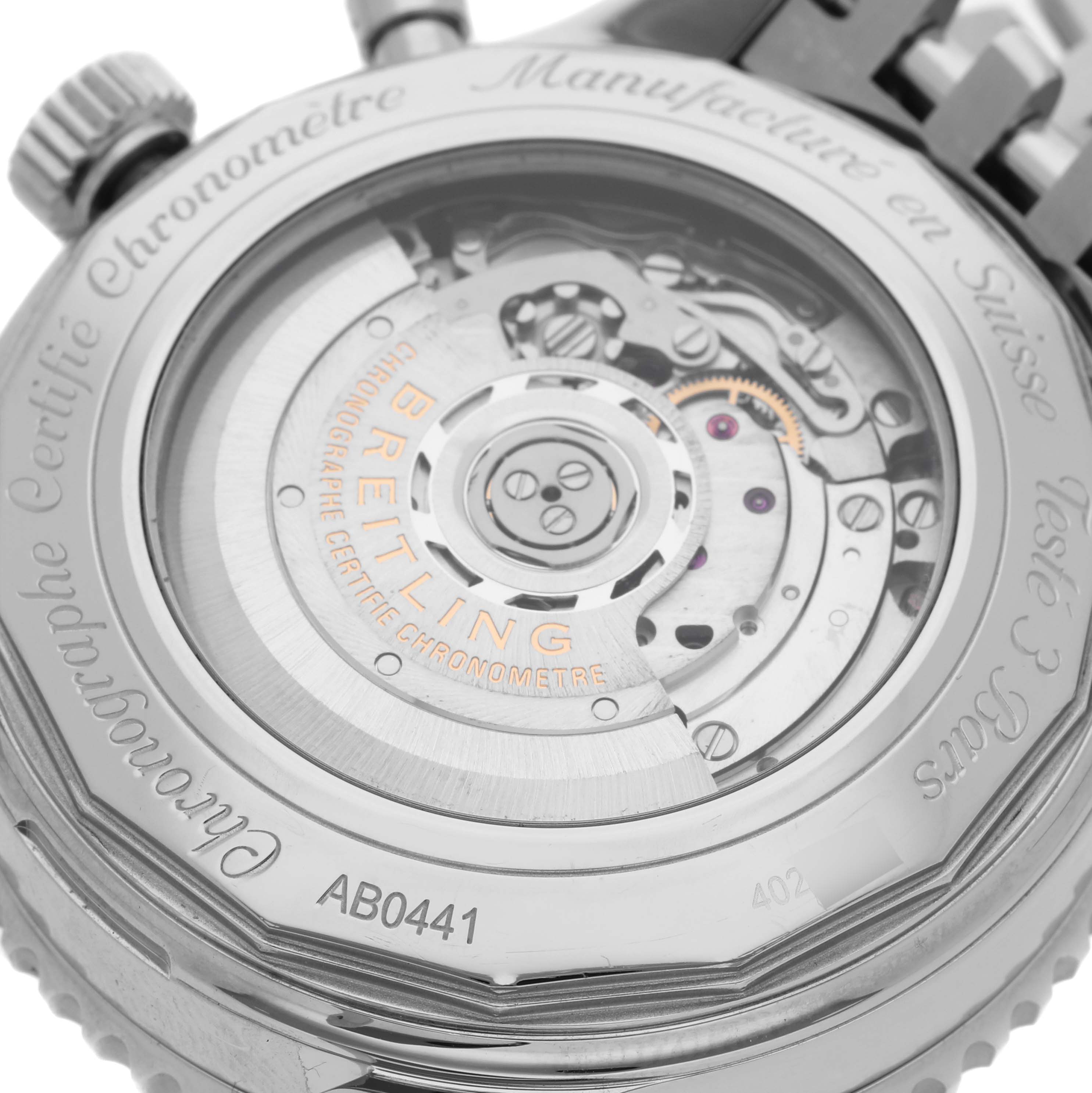 The image shows the back view of a Breitling Navitimer AB0441 Men's Stainless Steel Black Dial AB0441 Men's Stainless Steel Black Dial, highlighting the exposed movement and rotor.