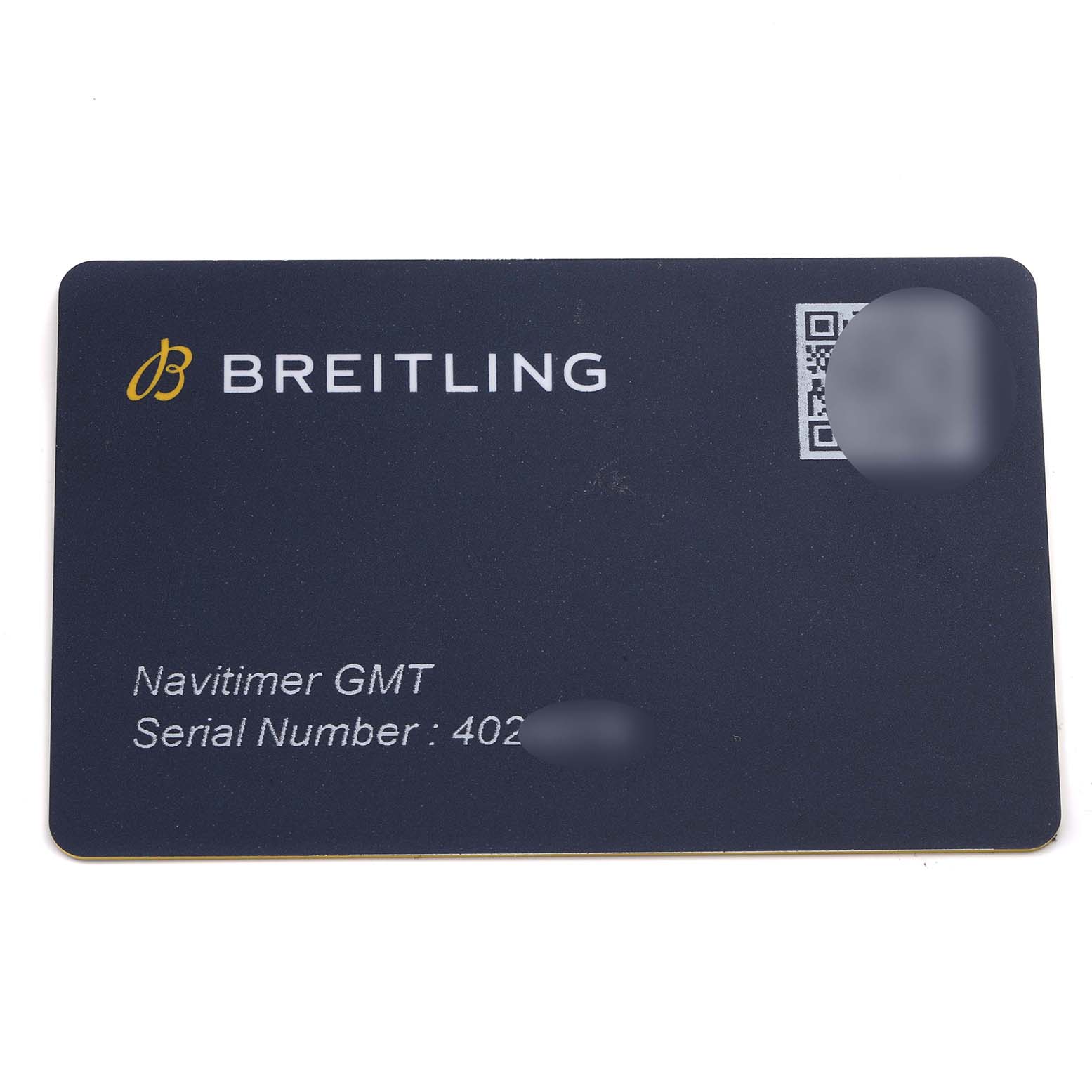 The image shows a flat view of a Breitling Navitimer AB0441 Men's Stainless Steel Black Dial AB0441 Men's Stainless Steel Black Dial GMT warranty card with branding and serial number details.