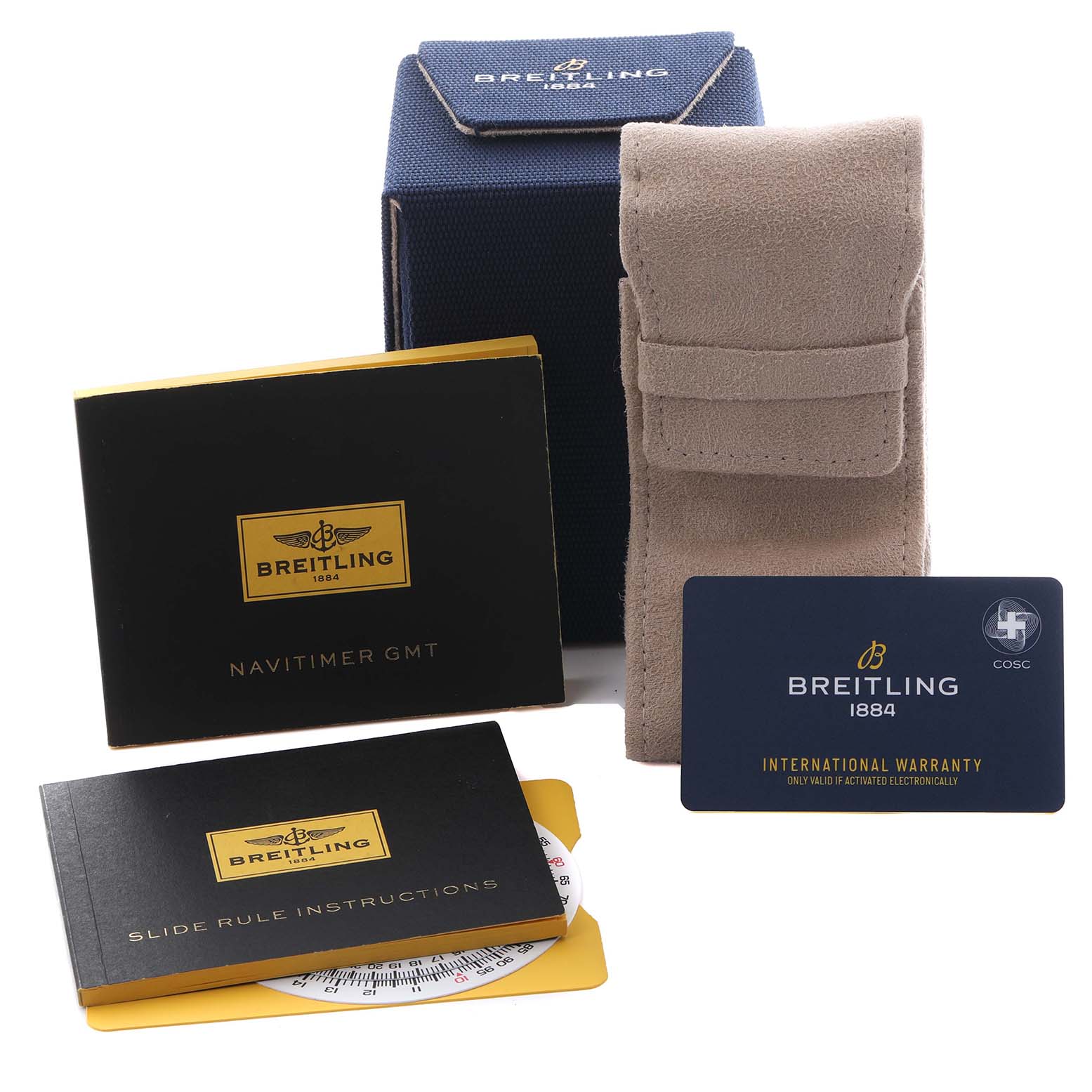 The image shows accessories for the Breitling Navitimer AB0441 Men's Stainless Steel Black Dial AB0441 Men's Stainless Steel Black Dial, including a box, pouch, manuals, and warranty card.