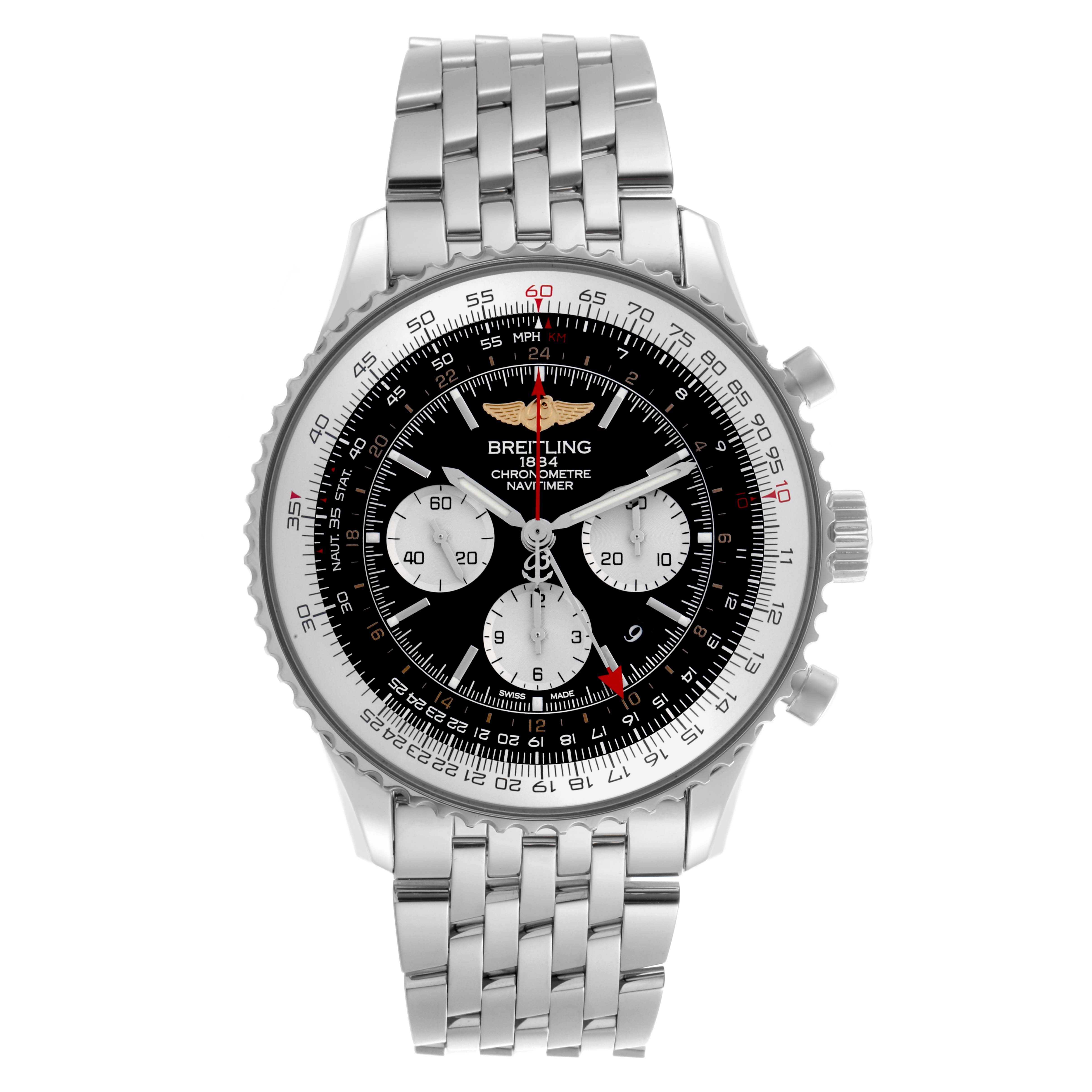 The Breitling Navitimer AB0441 Men's Stainless Steel Black Dial AB0441 Men's Stainless Steel Black Dial watch is shown from a front angle, displaying the dial, bezel, and stainless steel bracelet.