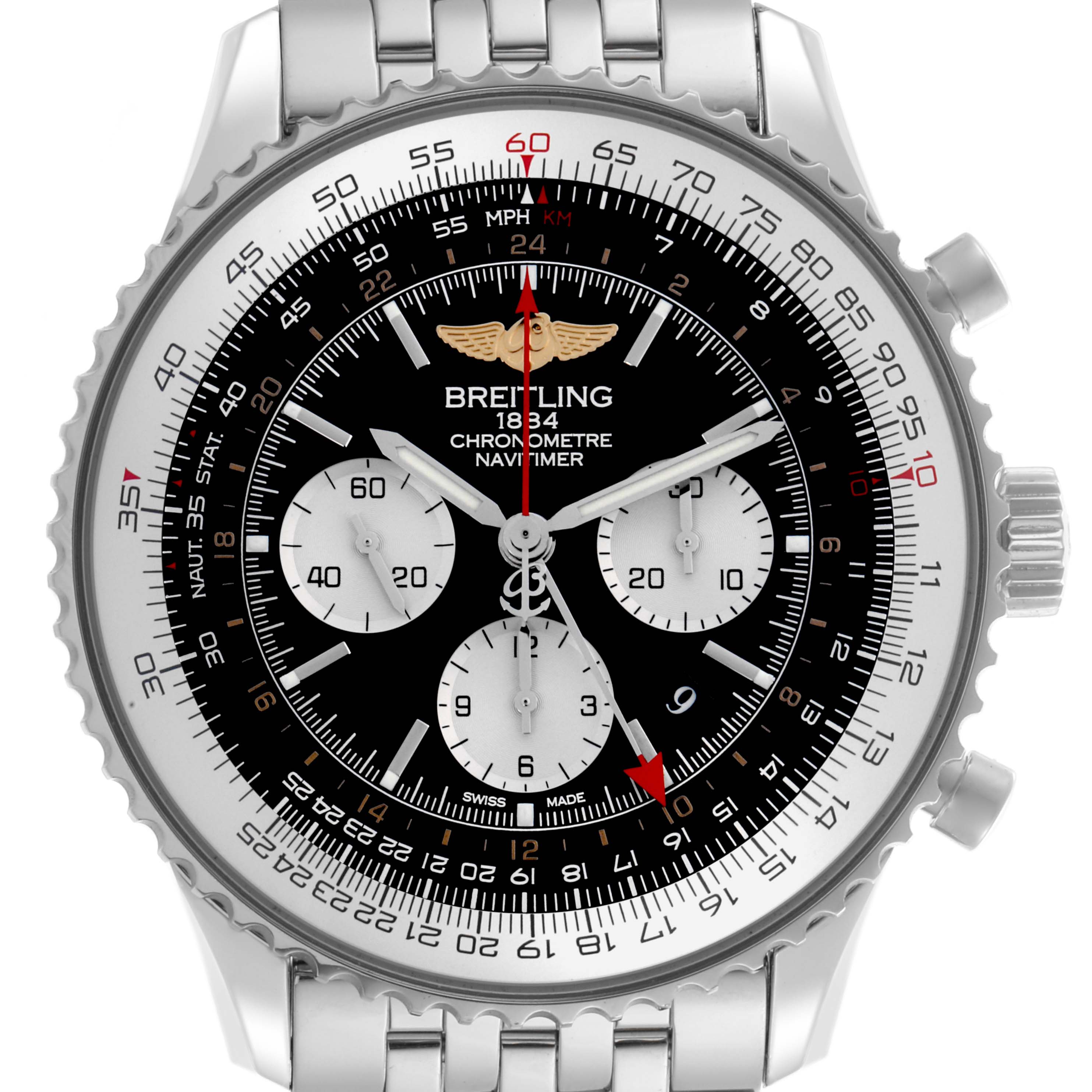 The Breitling Navitimer AB0441 Men's Stainless Steel Black Dial AB0441 Men's Stainless Steel Black Dial watch is shown from the front, featuring its dial, chronograph sub-dials, bezel, and metal bracelet.