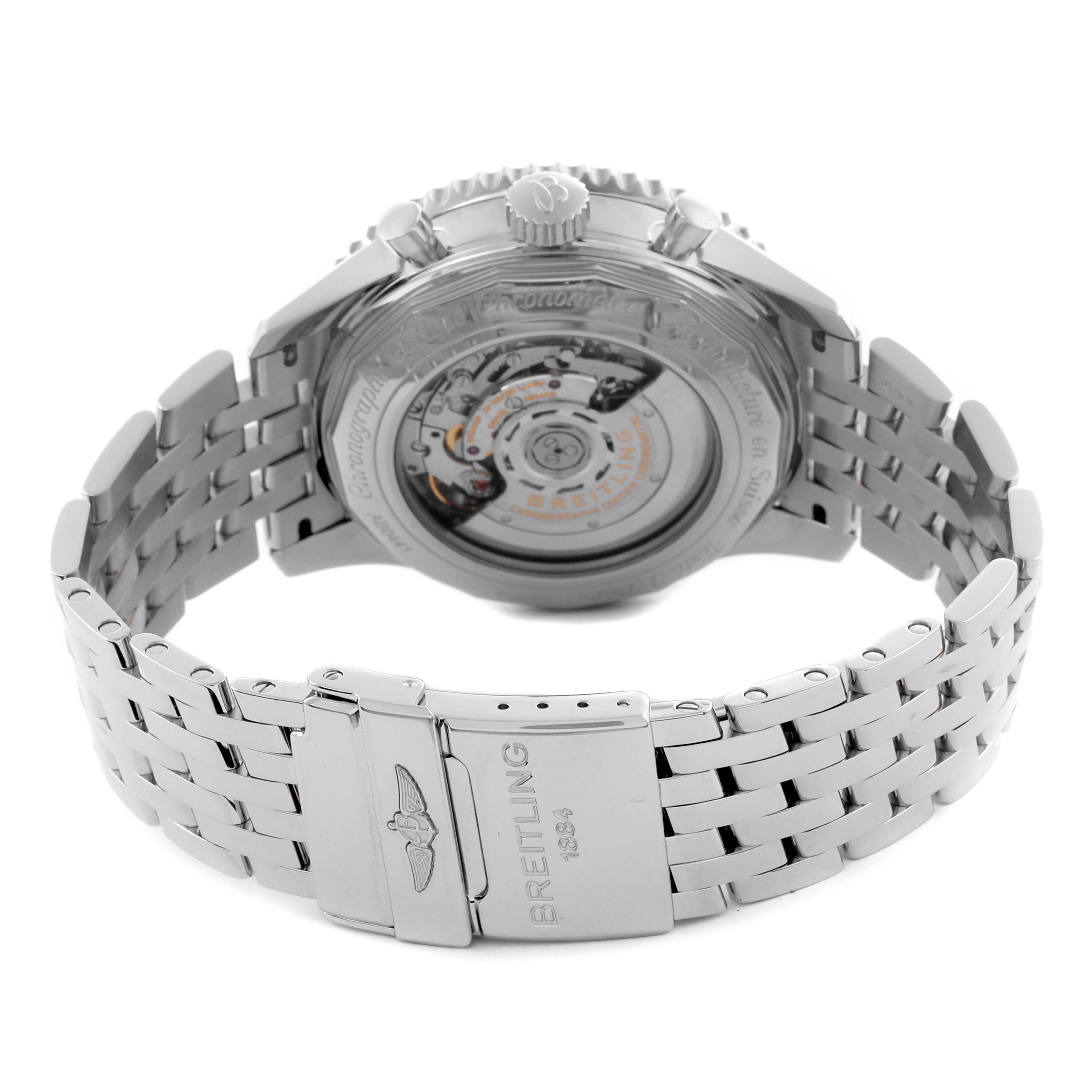 The image shows the back view of a Breitling Navitimer AB0441 Men's Stainless Steel Black Dial AB0441 Men's Stainless Steel Black Dial, featuring the transparent case back and metal bracelet clasp.