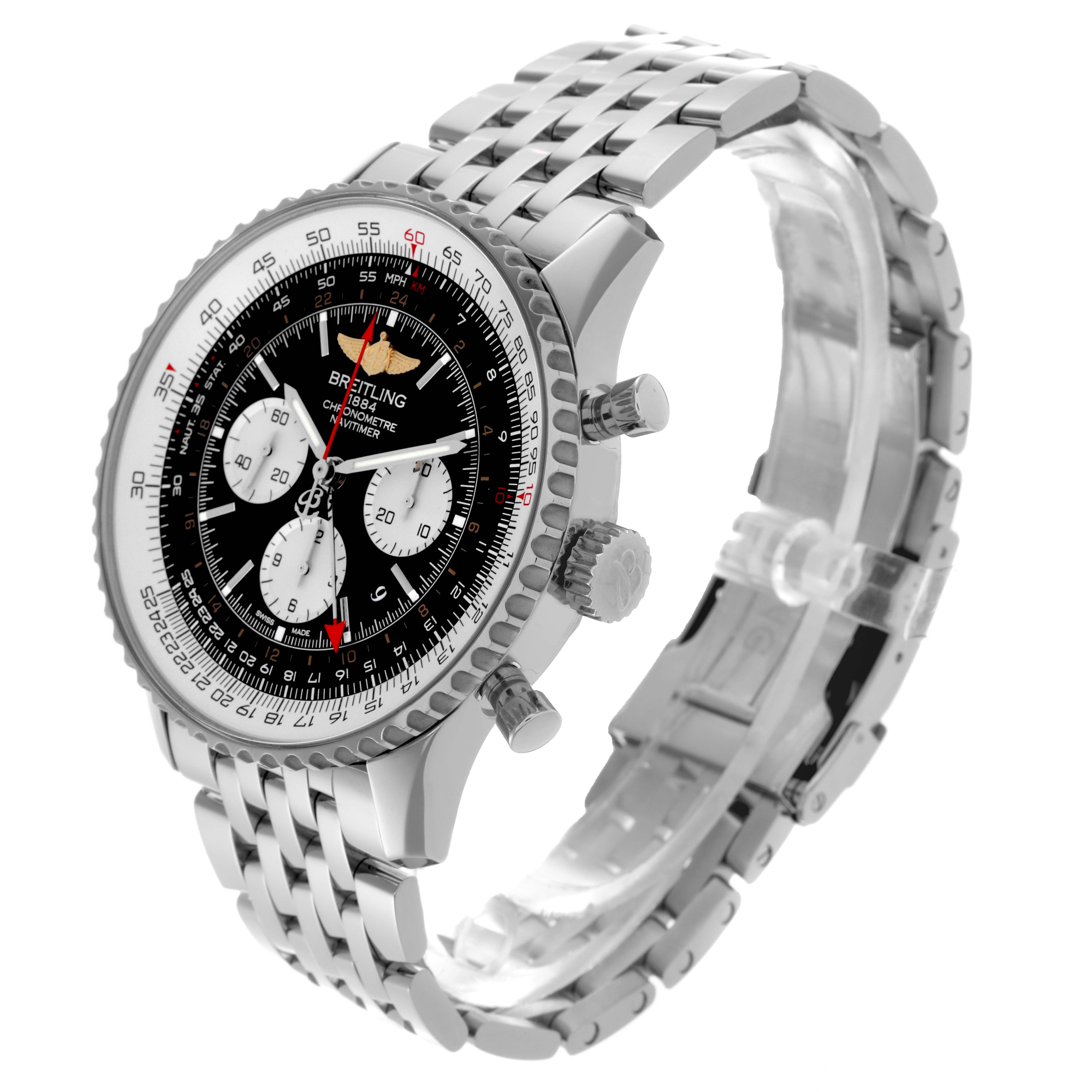 The Breitling Navitimer AB0441 Men's Stainless Steel Black Dial AB0441 Men's Stainless Steel Black Dial watch is shown at an angled view, highlighting the dial, bezel, pushers, and bracelet.