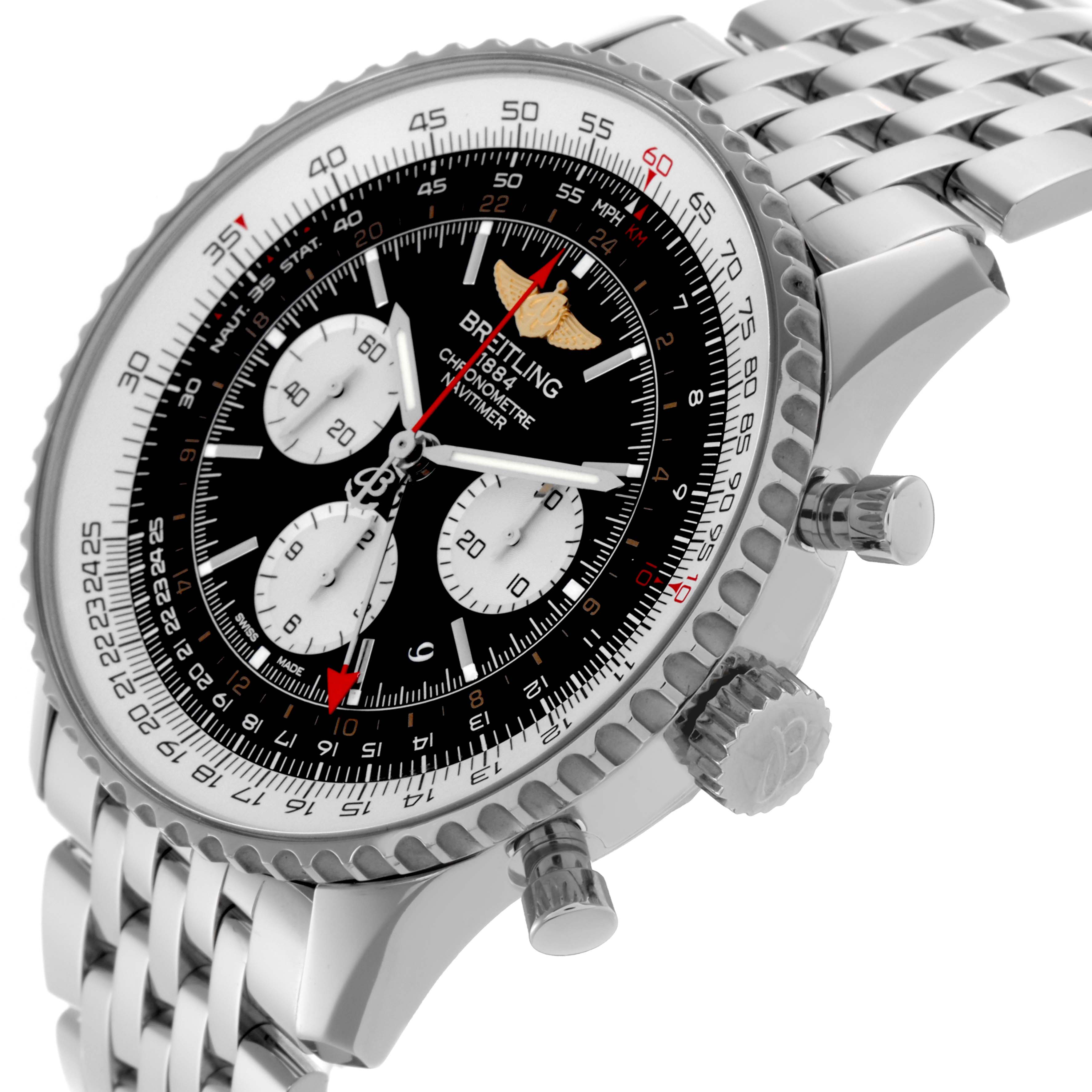 The Breitling Navitimer AB0441 Men's Stainless Steel Black Dial AB0441 Men's Stainless Steel Black Dial is shown at an angled close-up, highlighting the face, bezel, crown, and chronograph pushers with its metal bracelet.