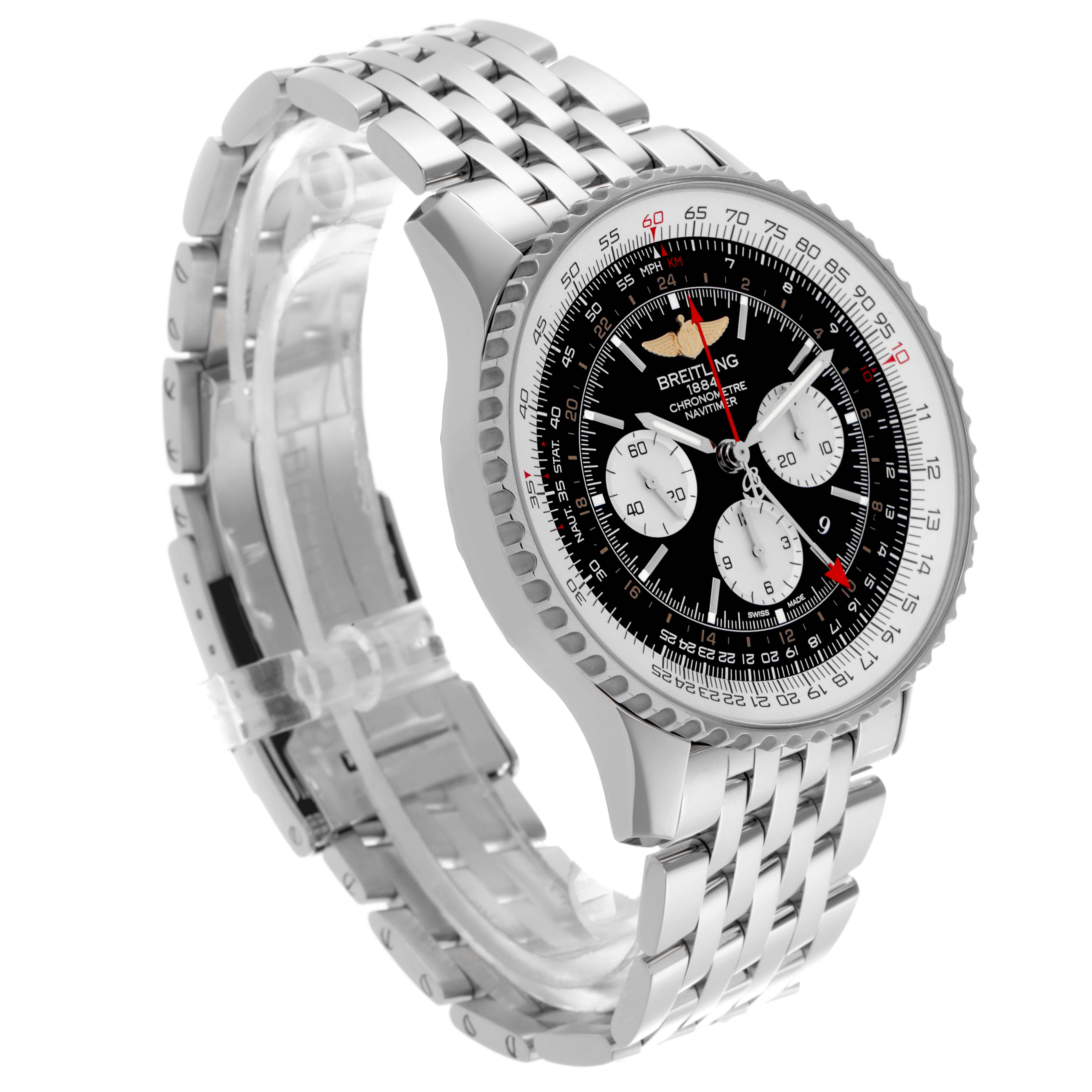The Breitling Navitimer AB0441 Men's Stainless Steel Black Dial AB0441 Men's Stainless Steel Black Dial watch is shown at a three-quarter angle, highlighting the dial, bezel, and steel bracelet.