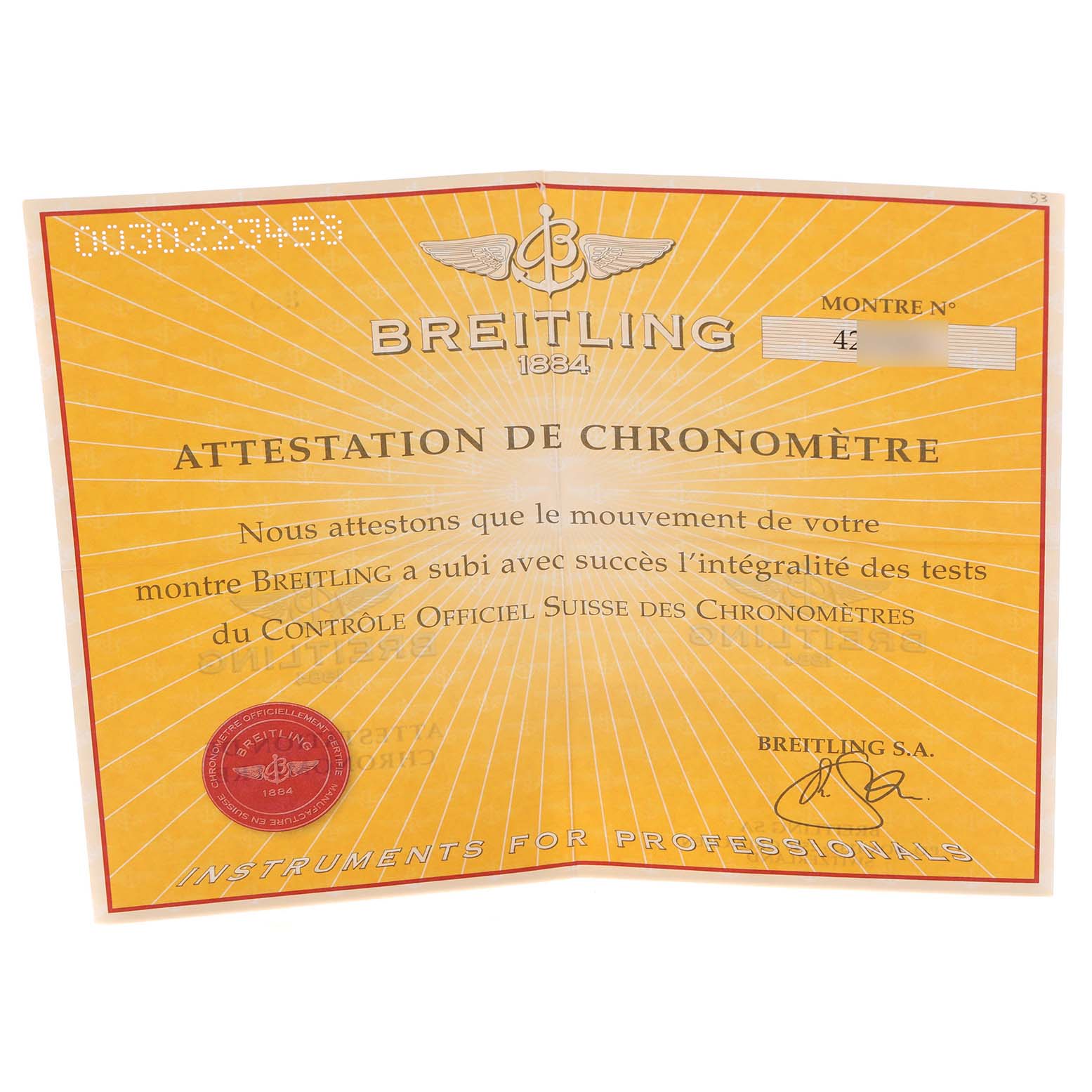 The image shows a certification document for a Breitling Navitimer A35350 Men's Stainless Steel Blue Dial A35350 Men's Stainless Steel Blue Dial watch.