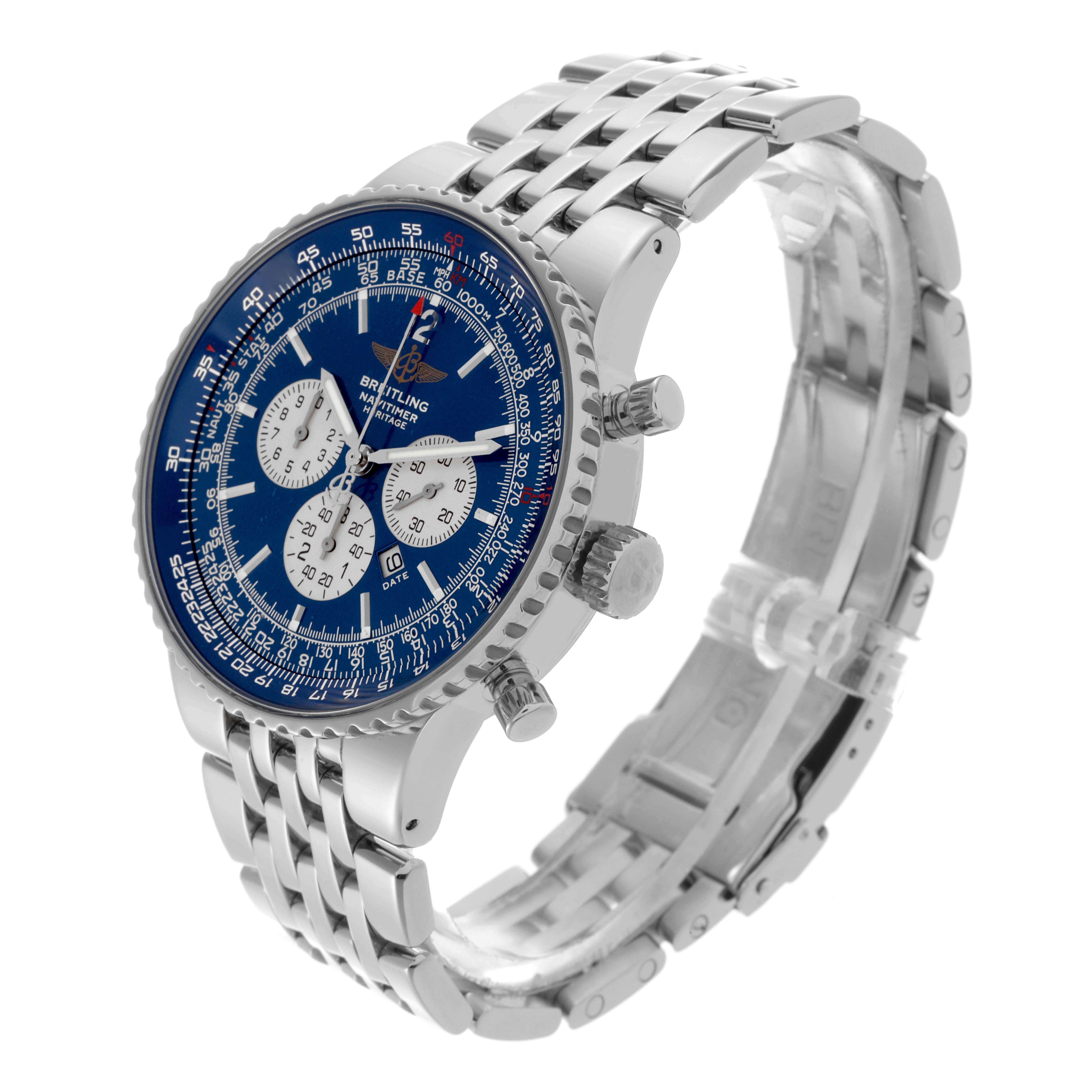 The Breitling Navitimer A35350 Men's Stainless Steel Blue Dial A35350 Men's Stainless Steel Blue Dial is shown at a three-quarter angle, displaying the dial, bezel, crown, pushers, and metal bracelet.