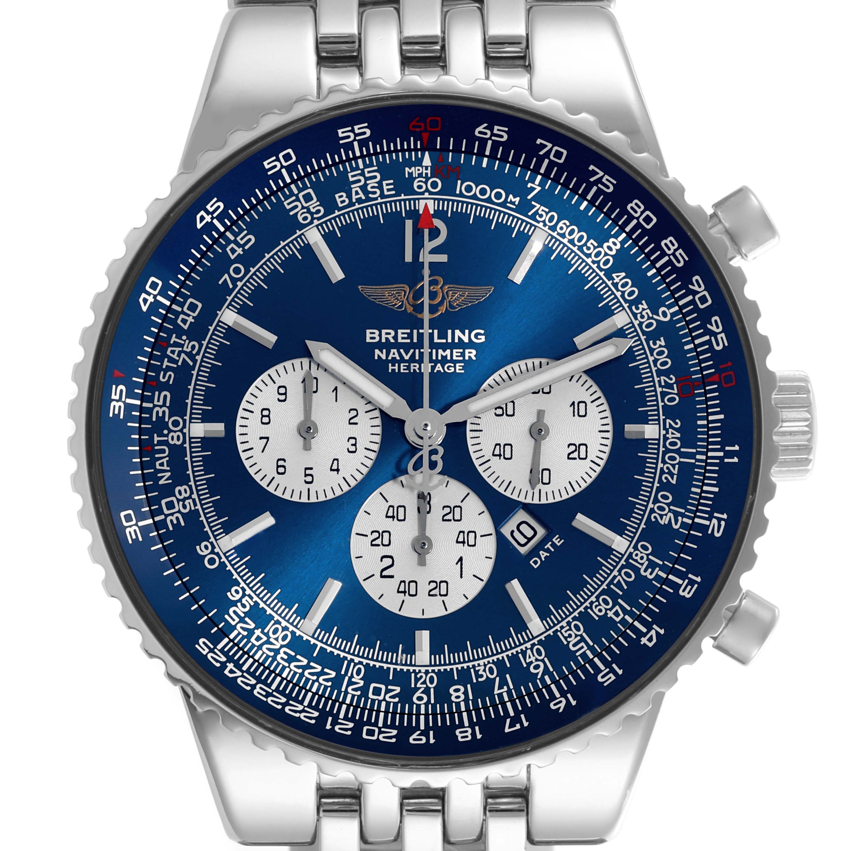 The image shows a Breitling Navitimer A35350 Men's Stainless Steel Blue Dial A35350 Men's Stainless Steel Blue Dial model from a forward-facing angle, highlighting its blue dial, chronograph subdials, and bezel.