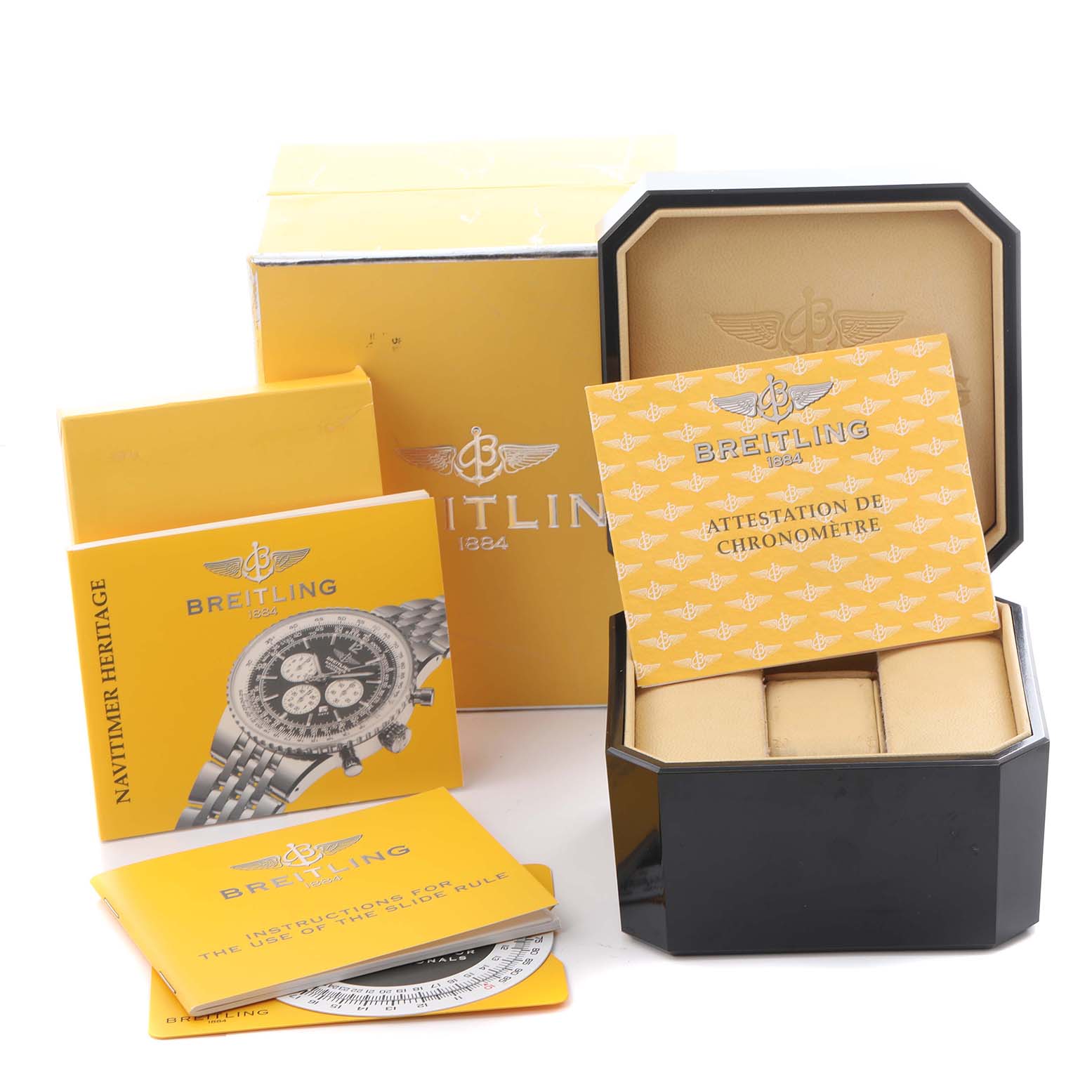 The image shows packaging and documents for a Breitling Navitimer A35350 Men's Stainless Steel Blue Dial A35350 Men's Stainless Steel Blue Dial, including a box, booklets, and a chronometer certificate.