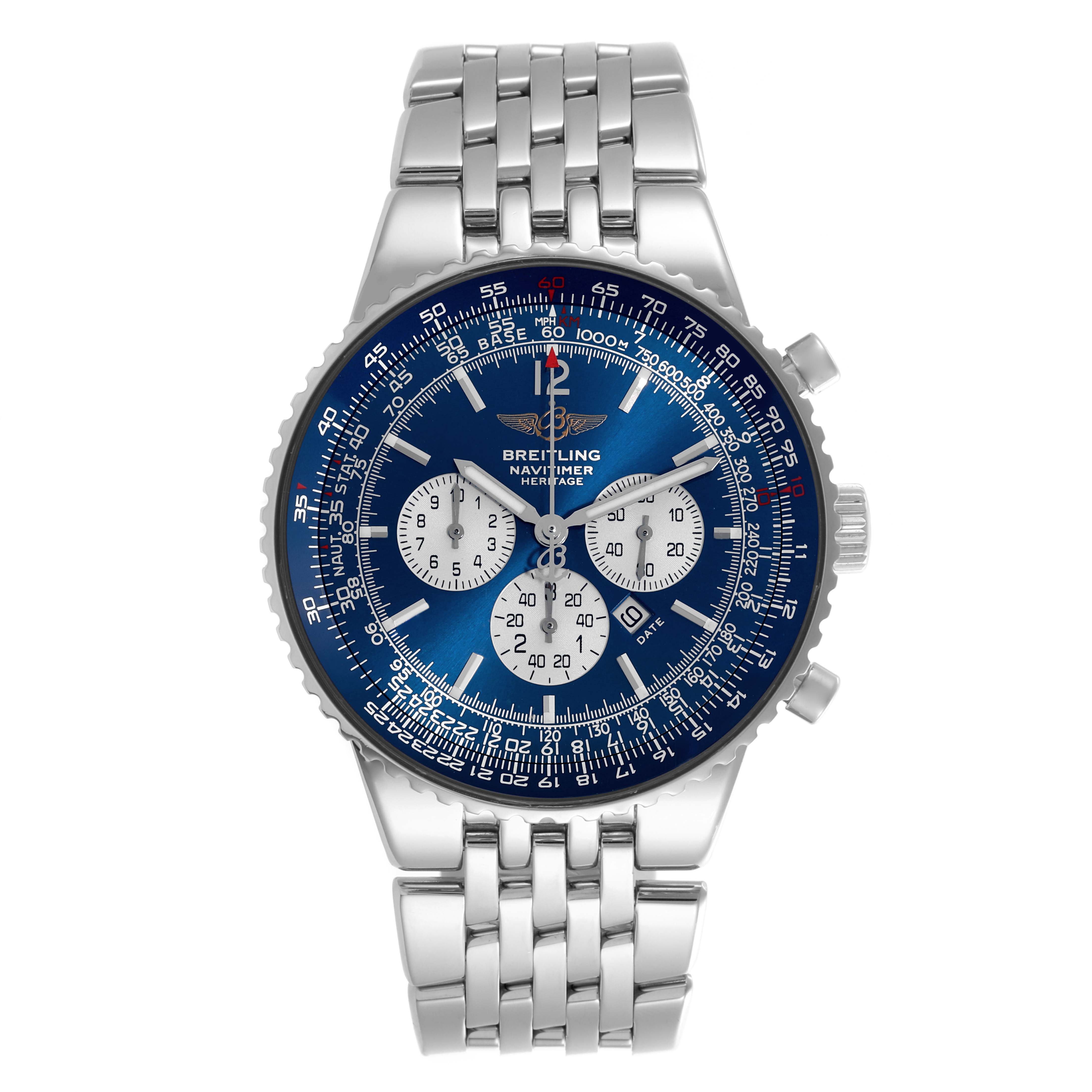 The Breitling Navitimer A35350 Men's Stainless Steel Blue Dial A35350 Men's Stainless Steel Blue Dial watch is shown from a straight-on angle, highlighting its face, bezel, and bracelet.