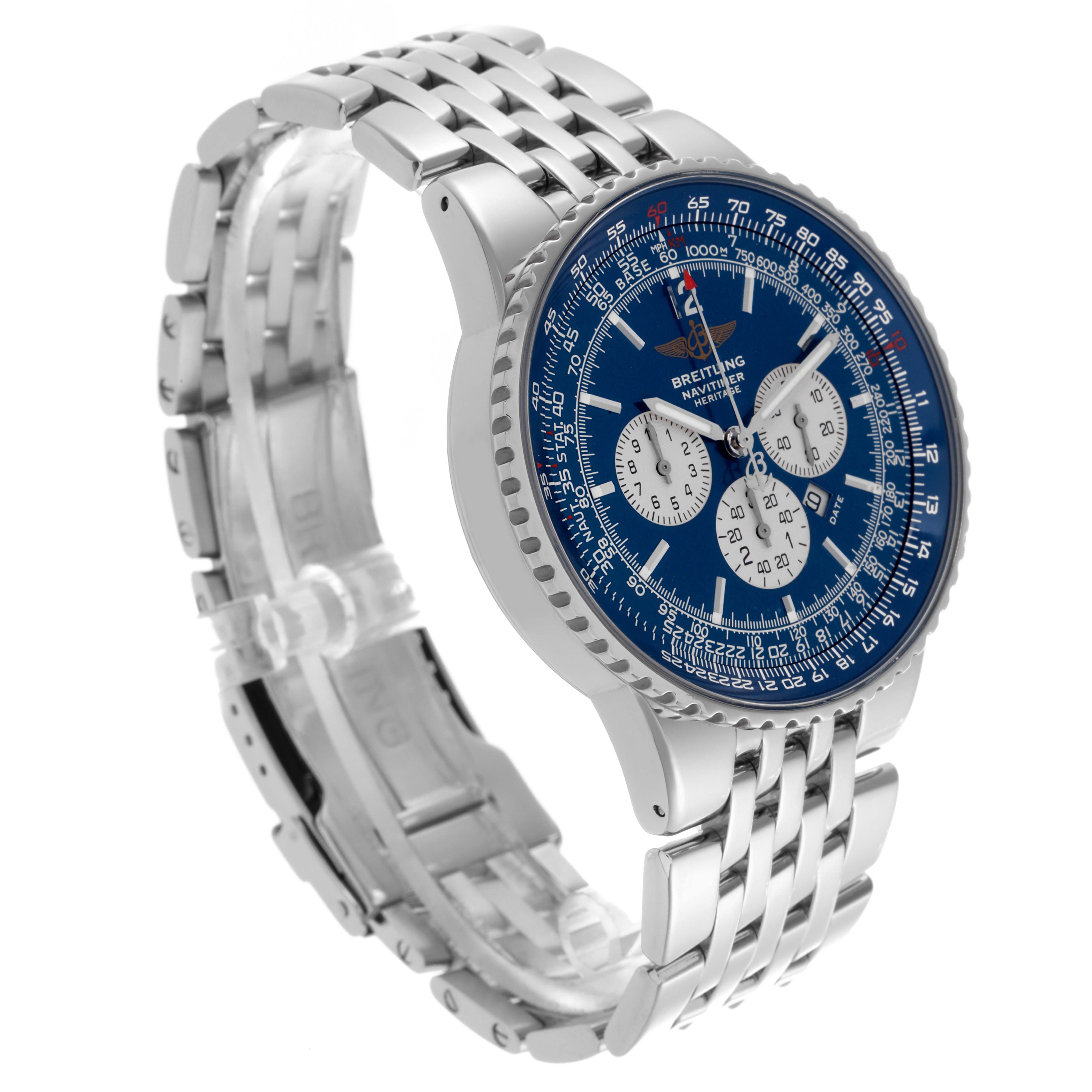 The Breitling Navitimer A35350 Men's Stainless Steel Blue Dial A35350 Men's Stainless Steel Blue Dial watch is shown at an angle displaying the dial, bezel, and a section of the stainless steel bracelet.