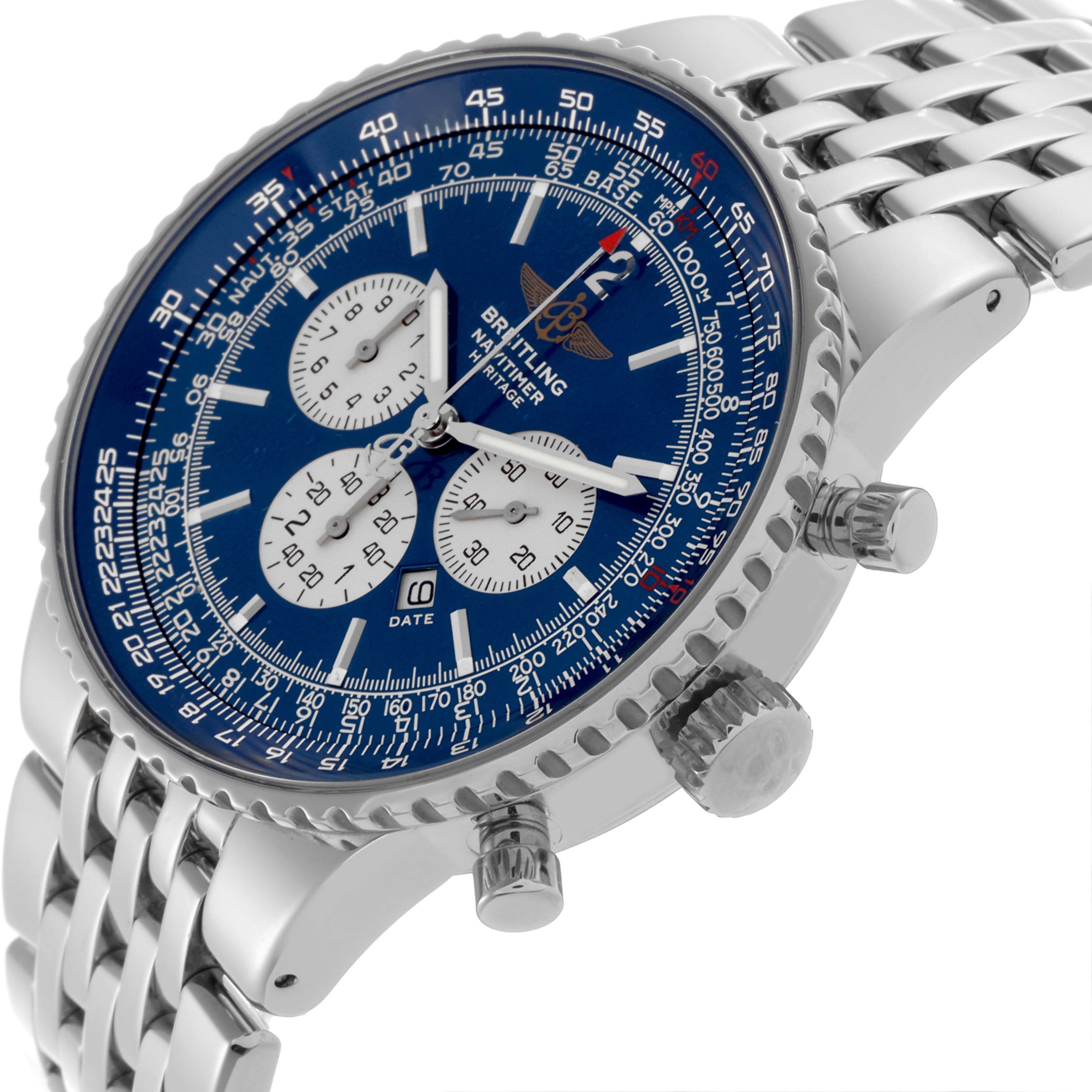 The Breitling Navitimer A35350 Men's Stainless Steel Blue Dial A35350 Men's Stainless Steel Blue Dial is shown at an angle highlighting the dial, bezel, crown, and stainless steel bracelet.