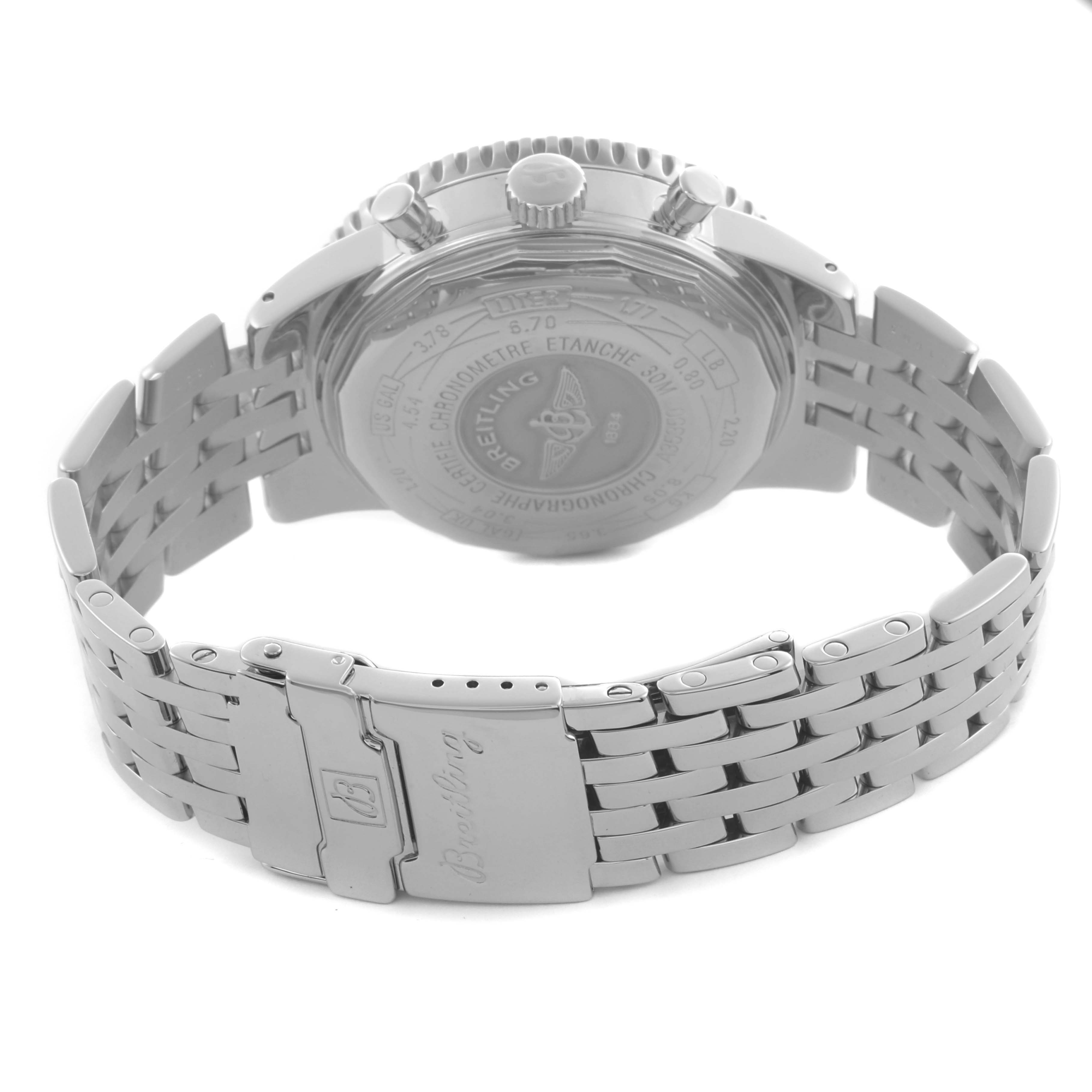 The image shows the back and bracelet of a Breitling Navitimer A35350 Men's Stainless Steel Blue Dial A35350 Men's Stainless Steel Blue Dial watch, highlighting the clasp and engraved case back.