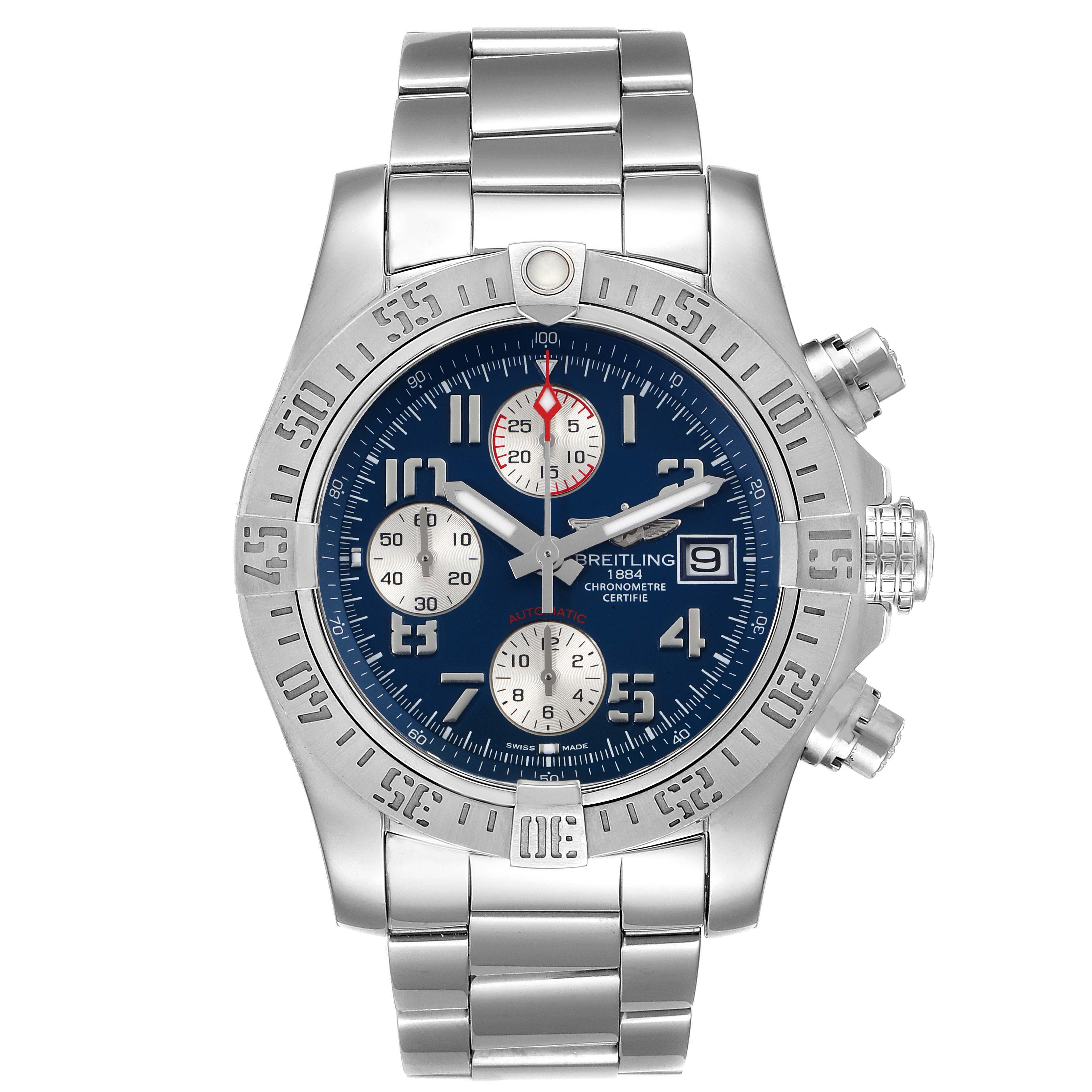 The image shows a frontal view of the Breitling Avenger A13381 Men's Stainless Steel Blue Dial A13381 Men's Stainless Steel Blue Dial watch, highlighting its bracelet, case, bezel, and dial.