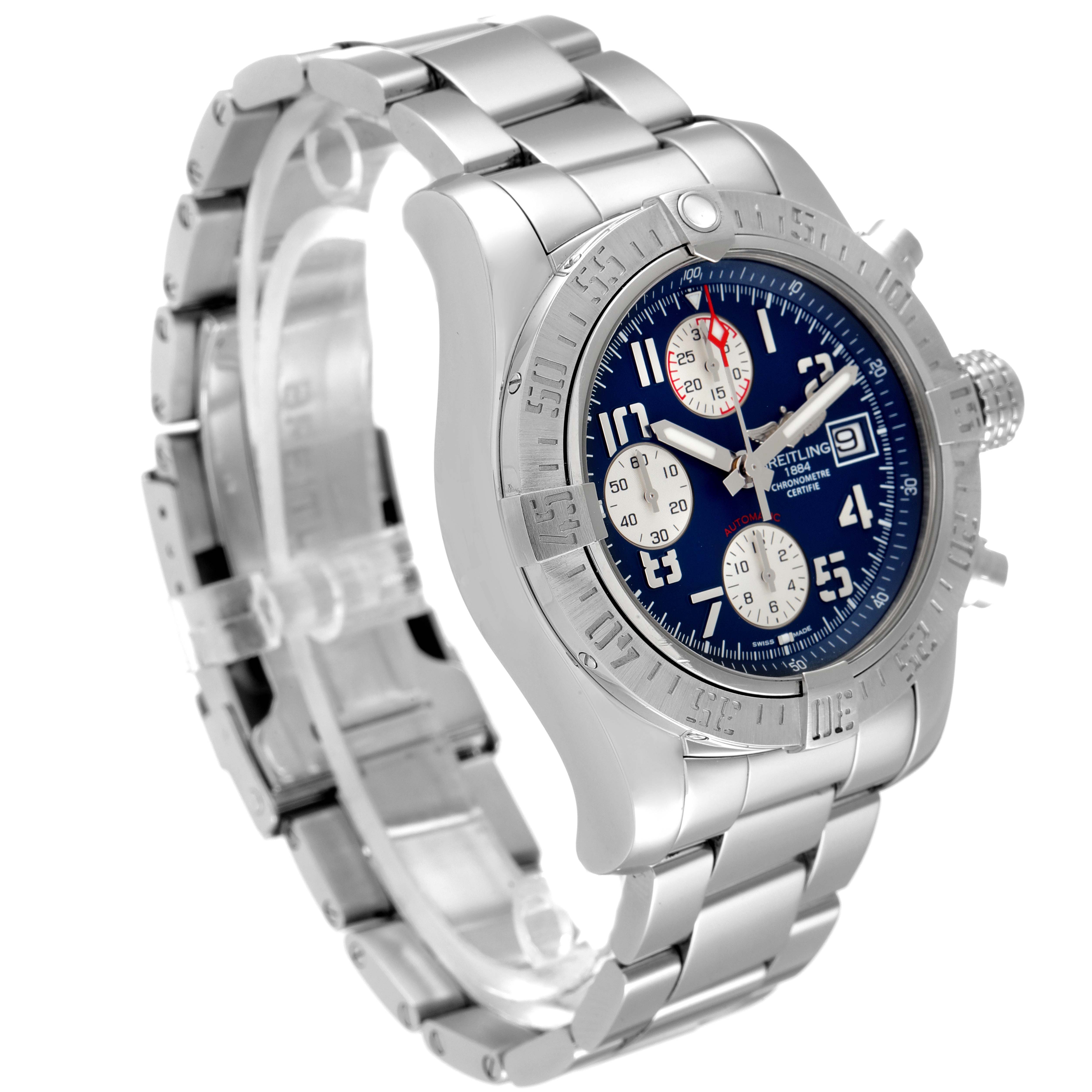 This image shows a side angle of a Breitling Avenger A13381 Men's Stainless Steel Blue Dial A13381 Men's Stainless Steel Blue Dial watch, highlighting the face, bezel, crown, and metal band.