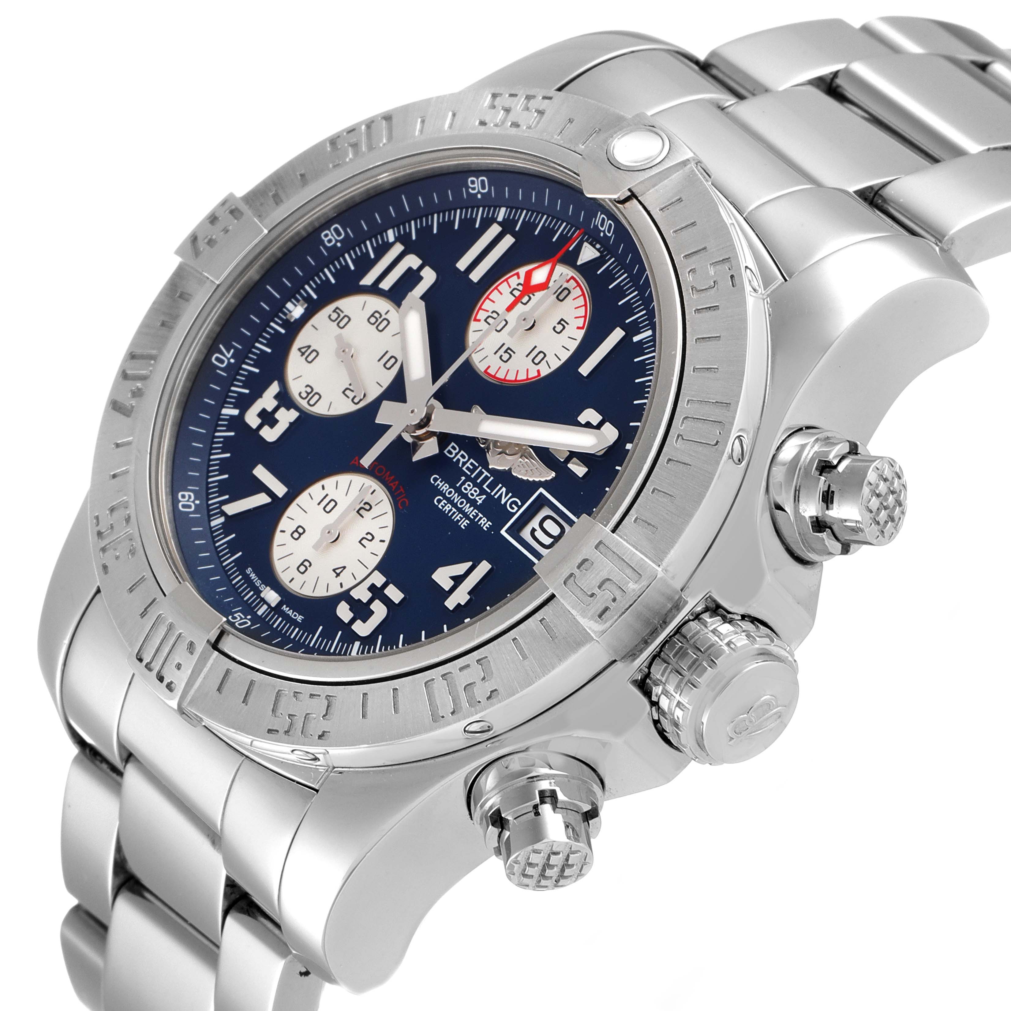 The image shows a Breitling Avenger A13381 Men's Stainless Steel Blue Dial A13381 Men's Stainless Steel Blue Dial watch from an angled side view, highlighting the crown, pushers, bezel, and bracelet.
