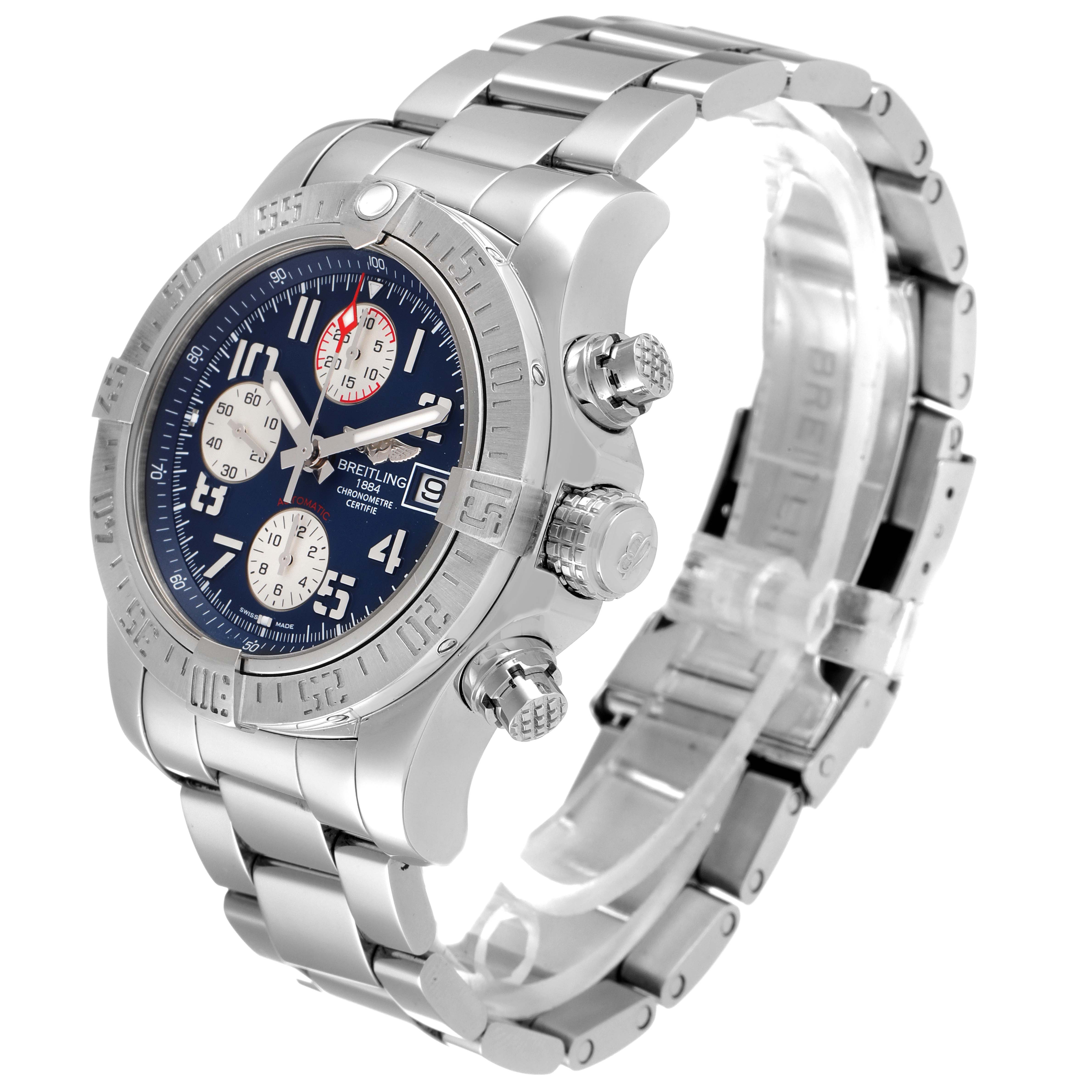 The Breitling Avenger A13381 Men's Stainless Steel Blue Dial A13381 Men's Stainless Steel Blue Dial watch is shown at an angled side view, displaying its face, bezel, crown, and metal bracelet.