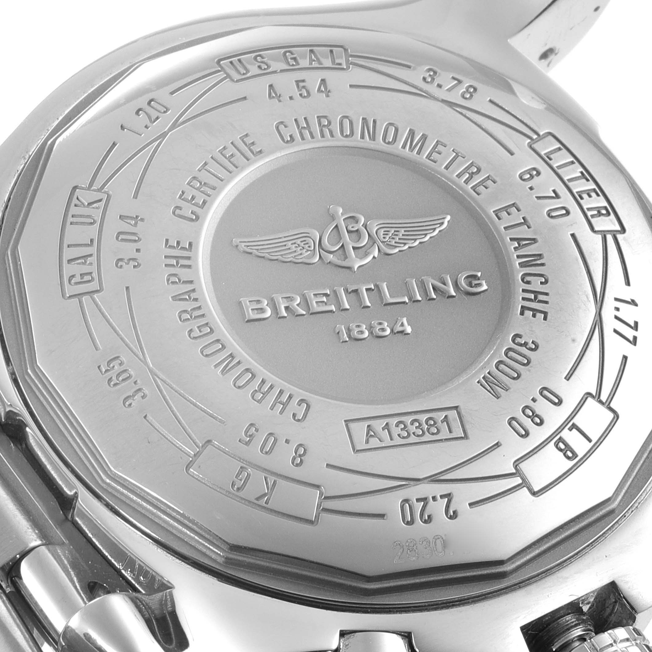 The image shows the case back of a Breitling Avenger A13381 Men's Stainless Steel Blue Dial A13381 Men's Stainless Steel Blue Dial watch, highlighting brand engravings and specifications.