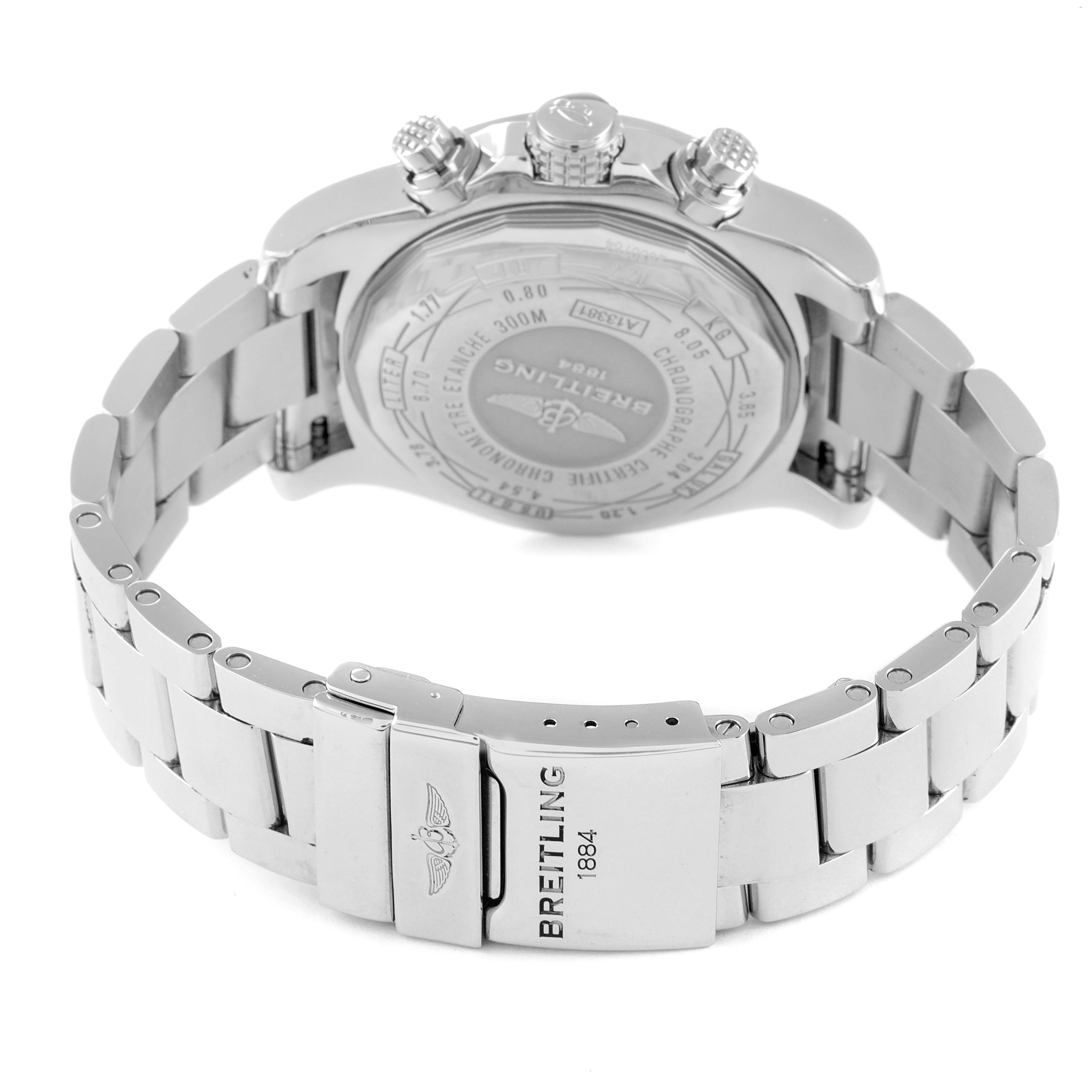 The image shows the back of the Breitling Avenger A13381 Men's Stainless Steel Blue Dial A13381 Men's Stainless Steel Blue Dial watch, including the case back and metal bracelet clasp.