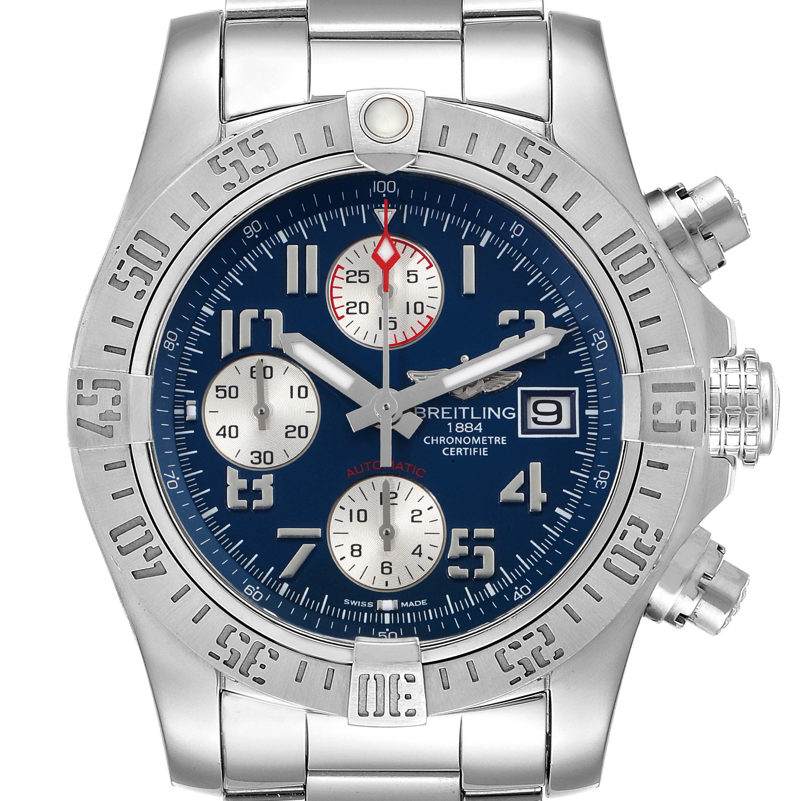 The image shows a front view of the Breitling Avenger A13381 Men's Stainless Steel Blue Dial A13381 Men's Stainless Steel Blue Dial watch, highlighting the bezel, dial, chronograph, and bracelet.