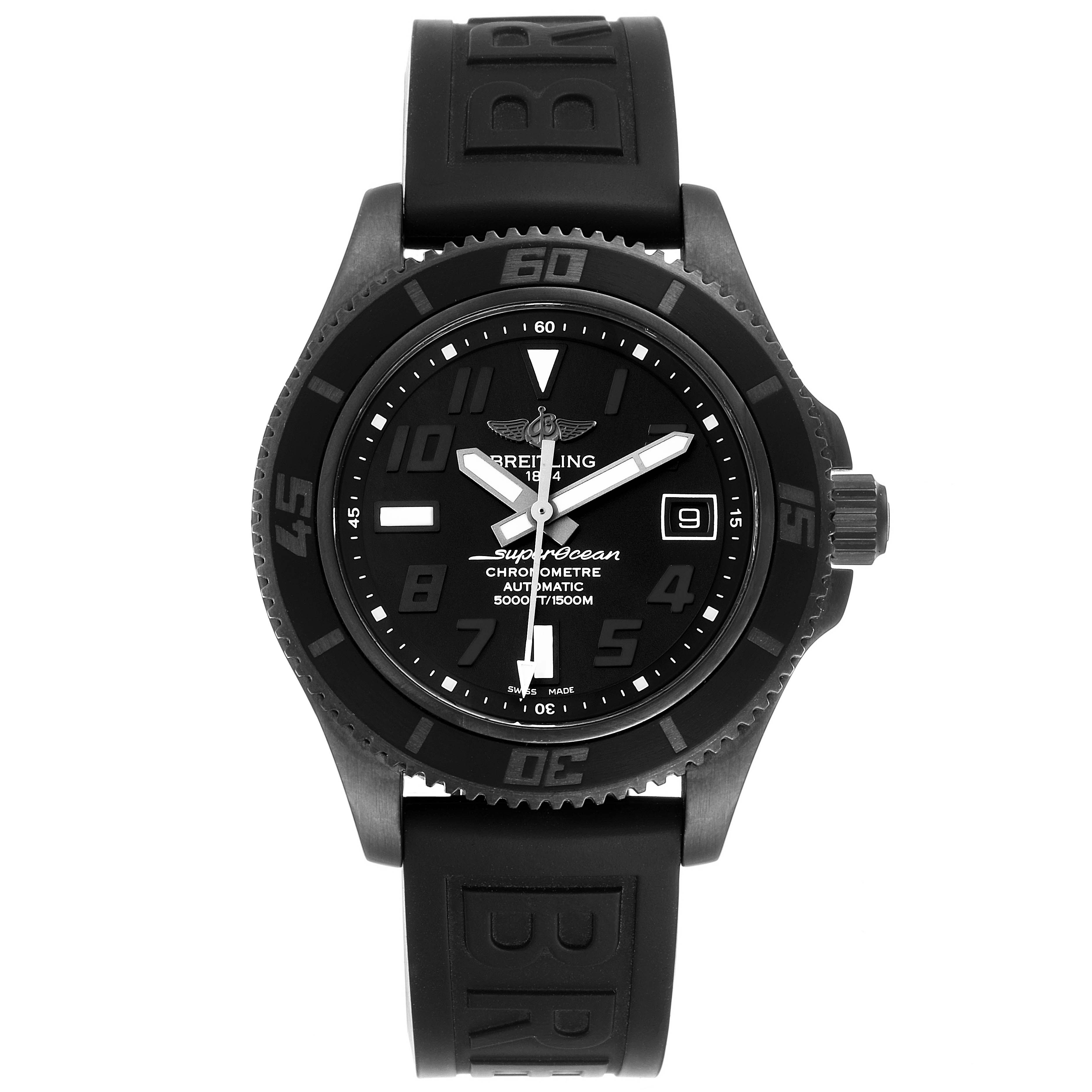 The image shows a front view of the Breitling Superocean M17364 Men
s Stainless Steel Black Dial M17364 Men
s Stainless Steel Black Dial watch, displaying the face, bezel, crown, and strap.