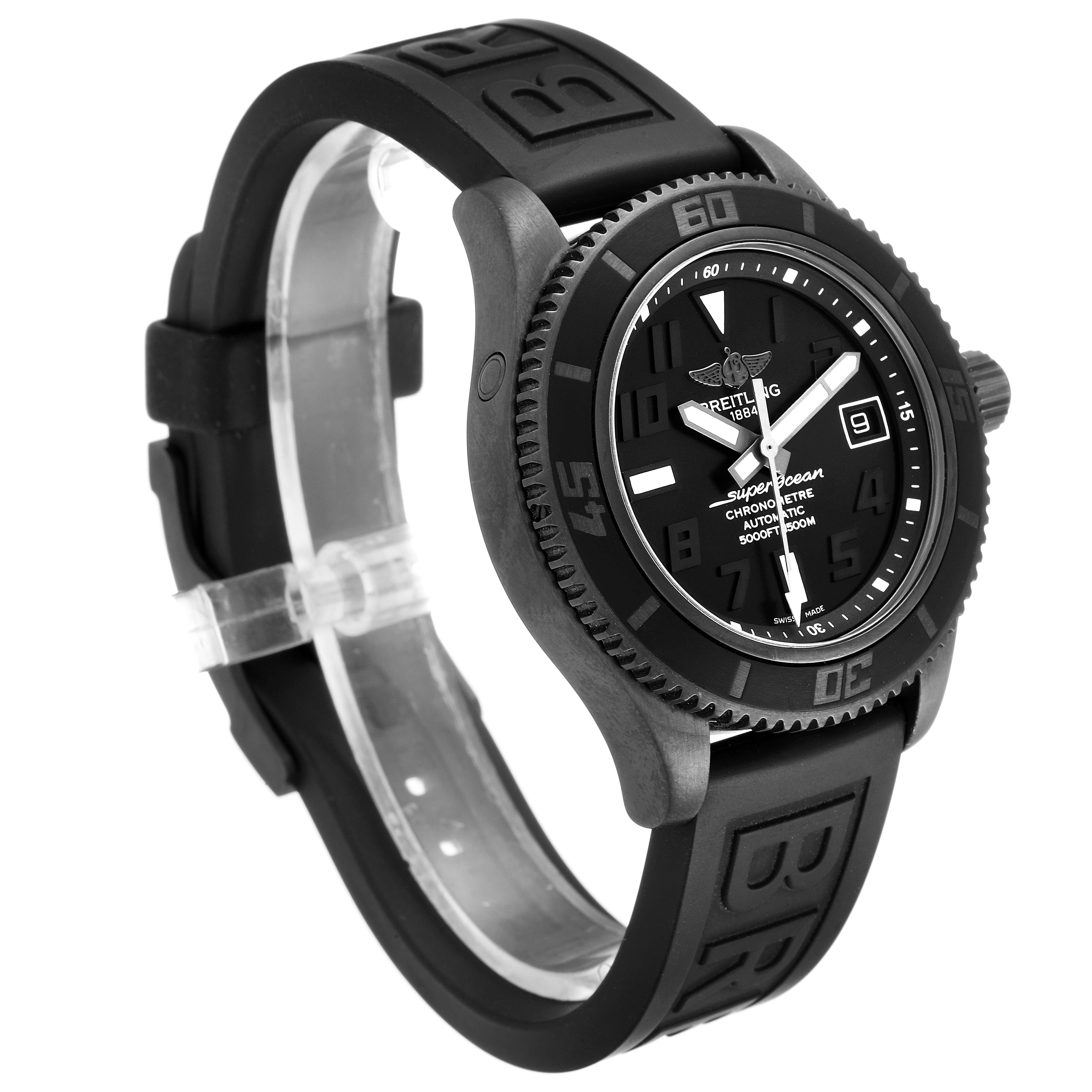 The image shows a Breitling Superocean M17364 Men
s Stainless Steel Black Dial M17364 Men
s Stainless Steel Black Dial watch from an angled front view, featuring the dial, bezel, and rubber strap.