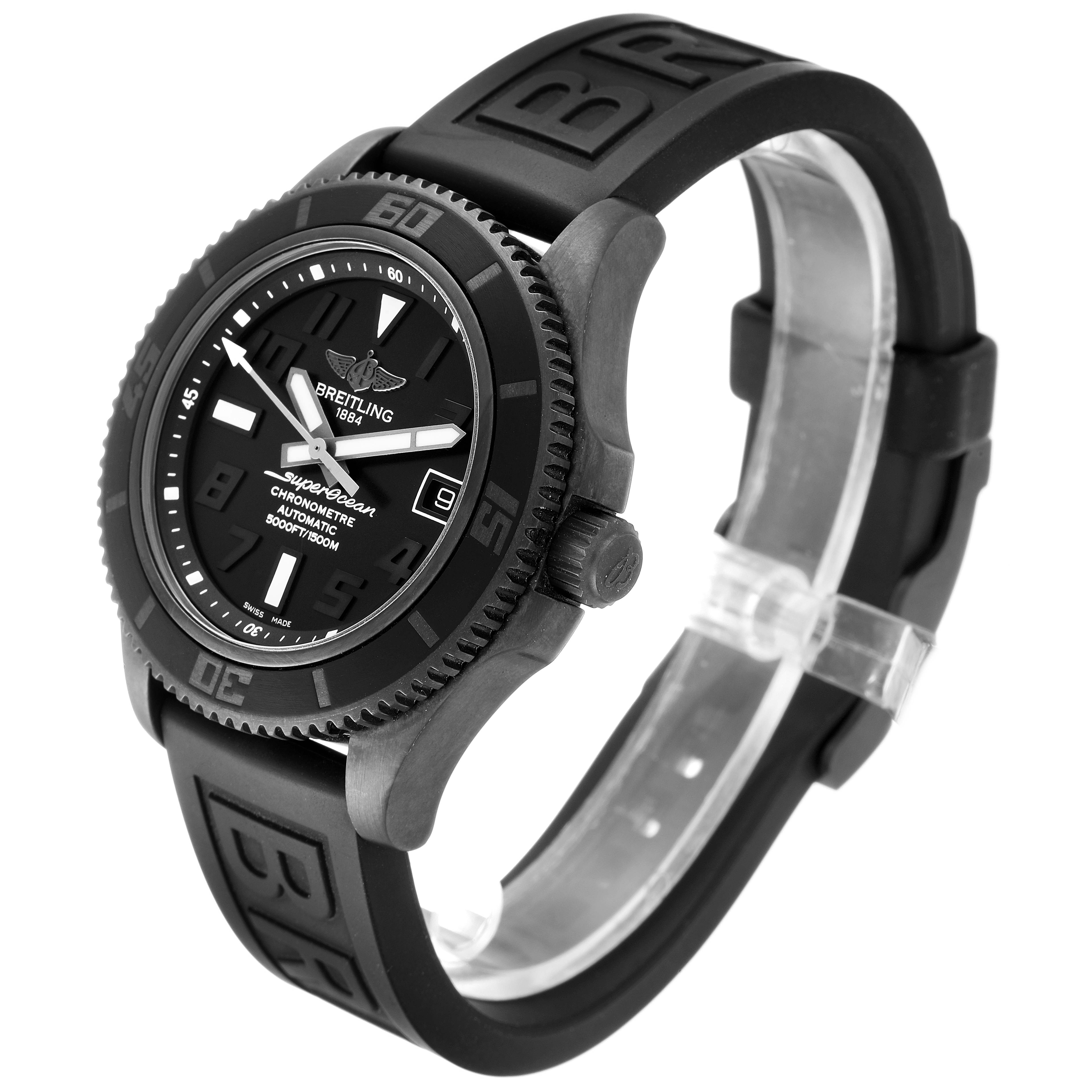 The Breitling Superocean M17364 Men
s Stainless Steel Black Dial M17364 Men
s Stainless Steel Black Dial watch is shown at a three-quarter angle, displaying its face, bezel, crown, and rubber strap.