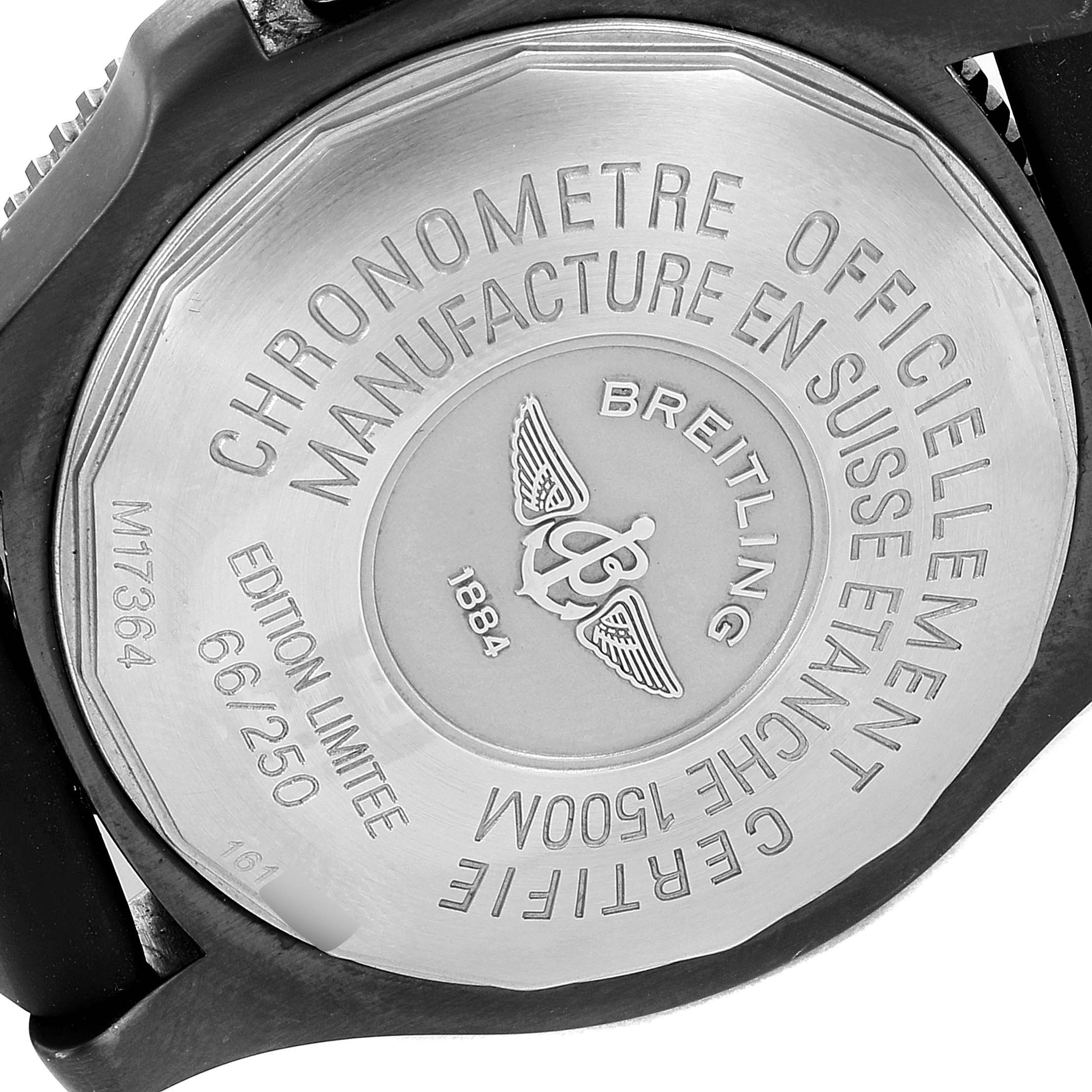 The image shows the back case of a Breitling Superocean M17364 Men
s Stainless Steel Black Dial M17364 Men
s Stainless Steel Black Dial watch, focusing on its engravings and detailing.