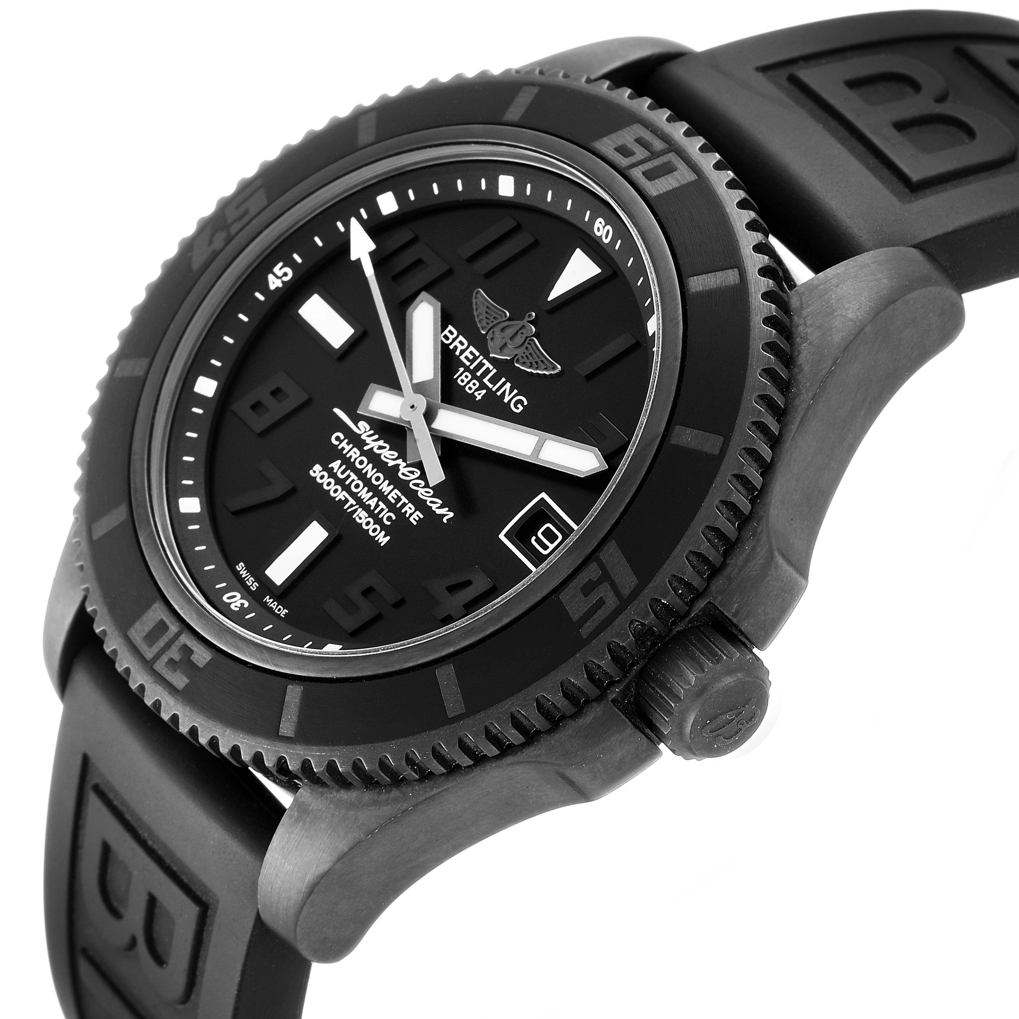 The image shows a Breitling Superocean M17364 Men
s Stainless Steel Black Dial M17364 Men
s Stainless Steel Black Dial watch at an angled side view, highlighting the dial, bezel, and rubber strap.