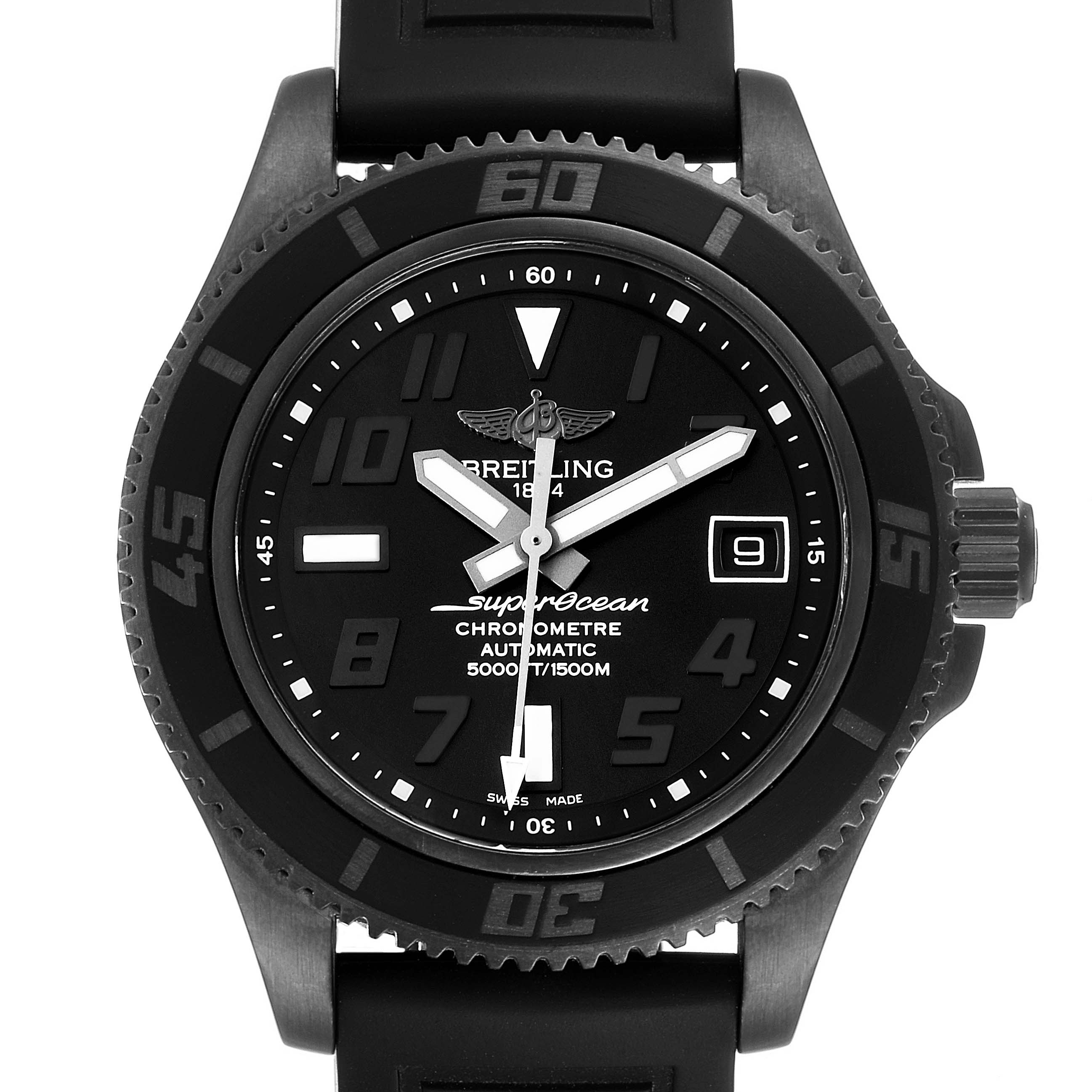 This image shows a front view of the Breitling Superocean M17364 Men
s Stainless Steel Black Dial M17364 Men
s Stainless Steel Black Dial model watch, highlighting its black dial, bezel, and date window.