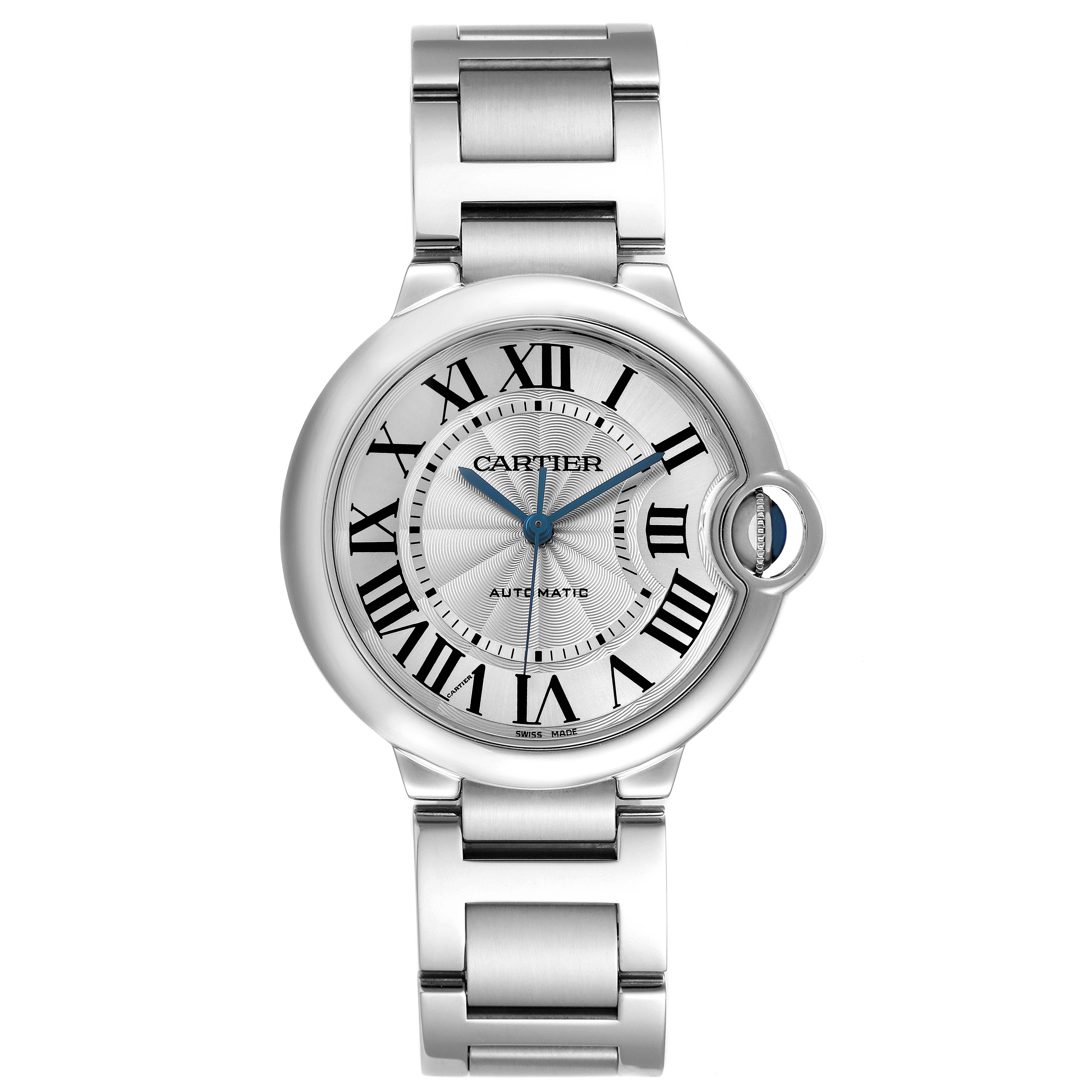 The Ballon Bleu de Cartier watch is shown from a top view, displaying its face, Roman numerals, and metal bracelet.