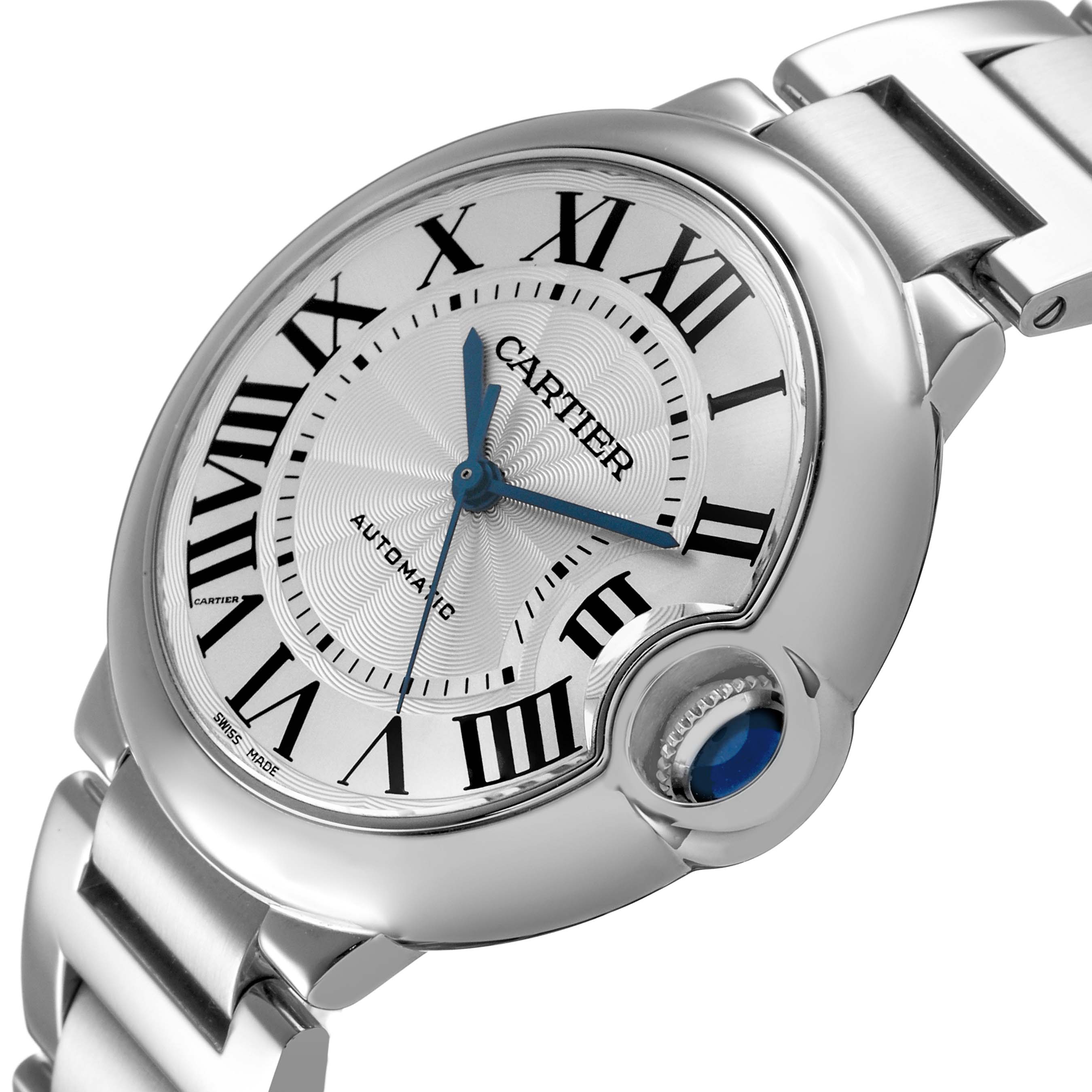 The image shows a close-up angle of the Cartier Ballon Bleu W6920046 Women's Stainless Steel Silver Dial watch, highlighting the dial, crown, and stainless steel bracelet.