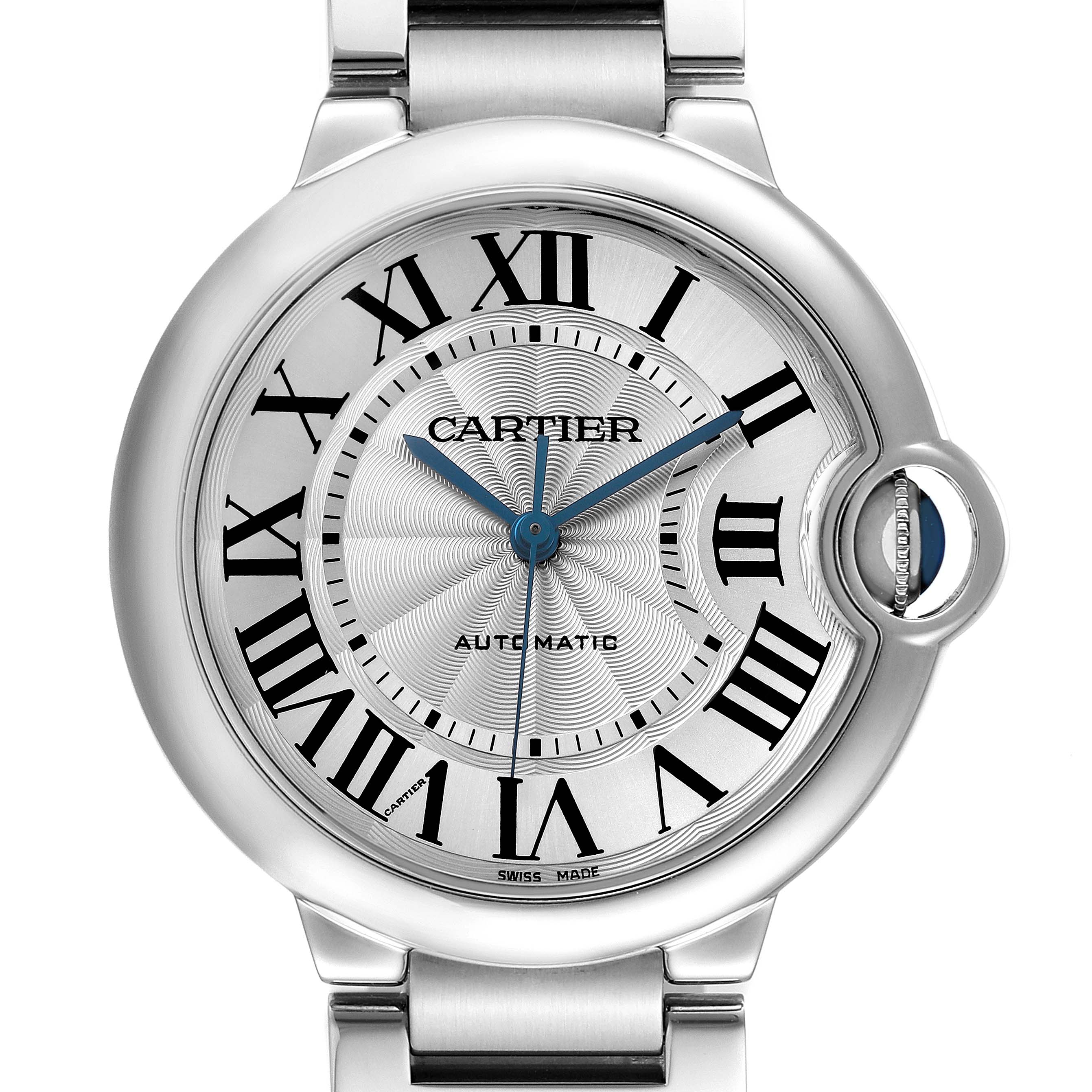 The Cartier Ballon Bleu W6920046 Women's Stainless Steel Silver Dial watch is shown from the front, highlighting its dial with Roman numerals and a distinctive crown.
