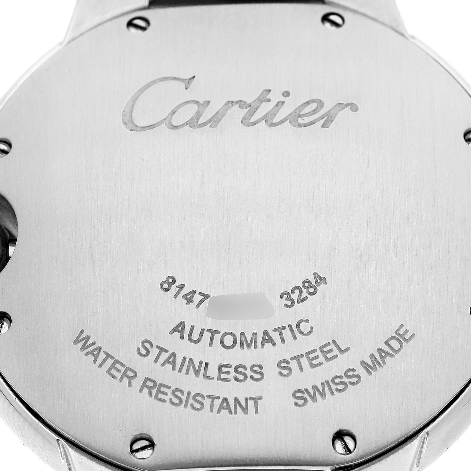 The image shows the back of a Cartier Ballon Bleu W6920046 Women's Stainless Steel Silver Dial watch, highlighting its stainless steel case and engravings.