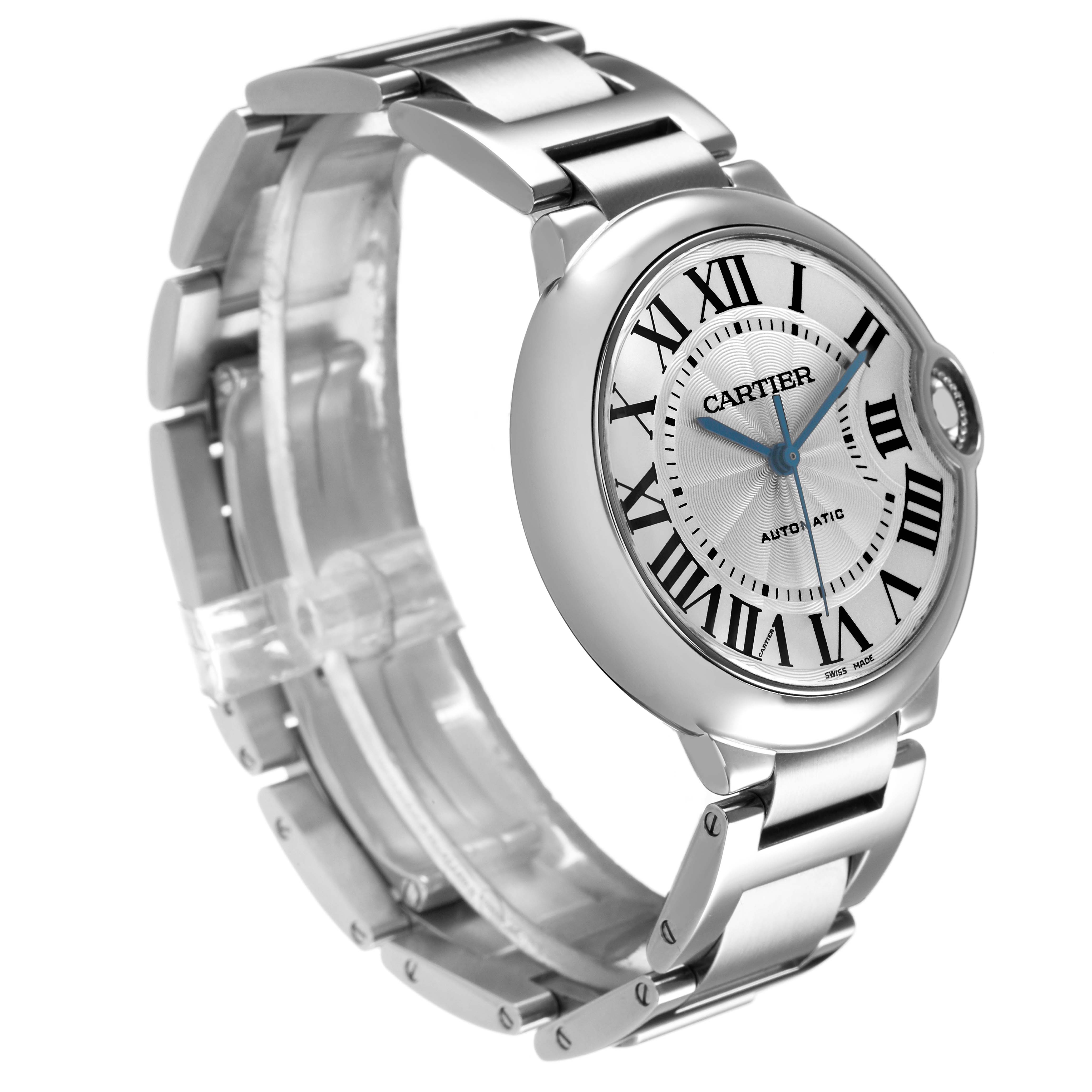 The image shows a Cartier Ballon Bleu W6920046 Women's Stainless Steel Silver Dial watch at a three-quarter angle, highlighting the face, Roman numerals, and metal bracelet.