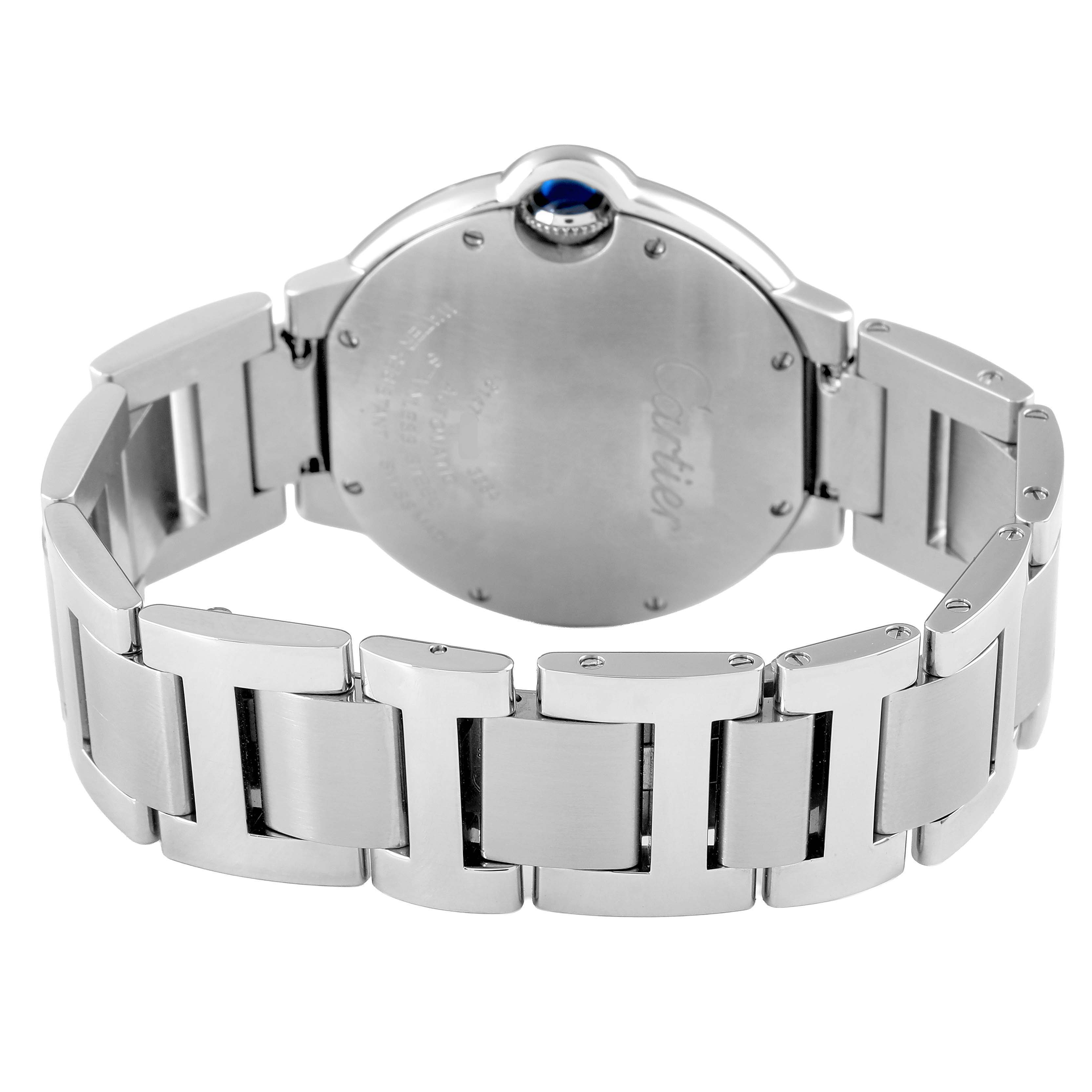 The image shows the back and bracelet of the Cartier Ballon Bleu W6920046 Women's Stainless Steel Silver Dial, featuring the case back and part of the metallic strap.