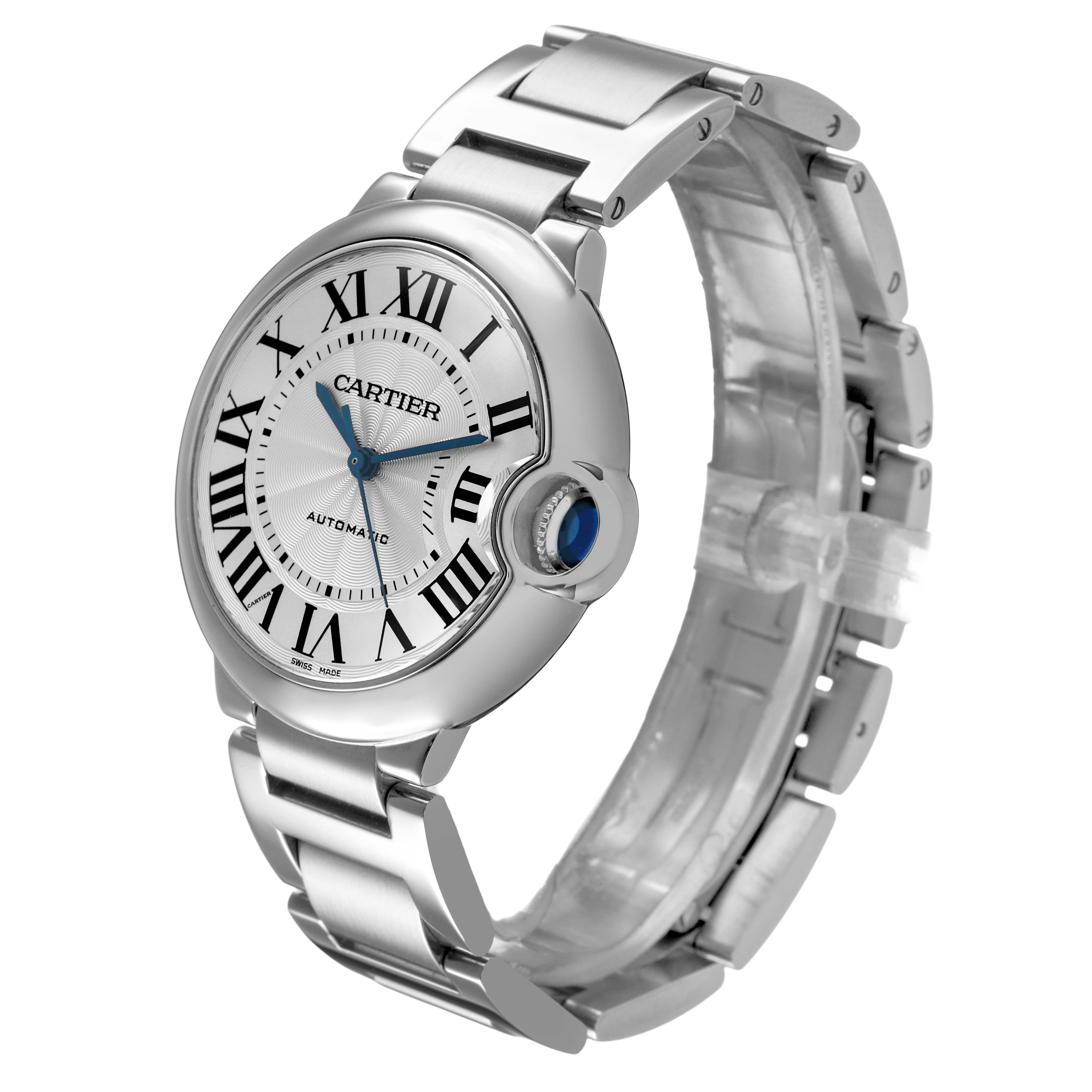 The Cartier Ballon Bleu W6920046 Women's Stainless Steel Silver Dial watch is shown at a three-quarter angle, highlighting its face, crown, and metal bracelet.