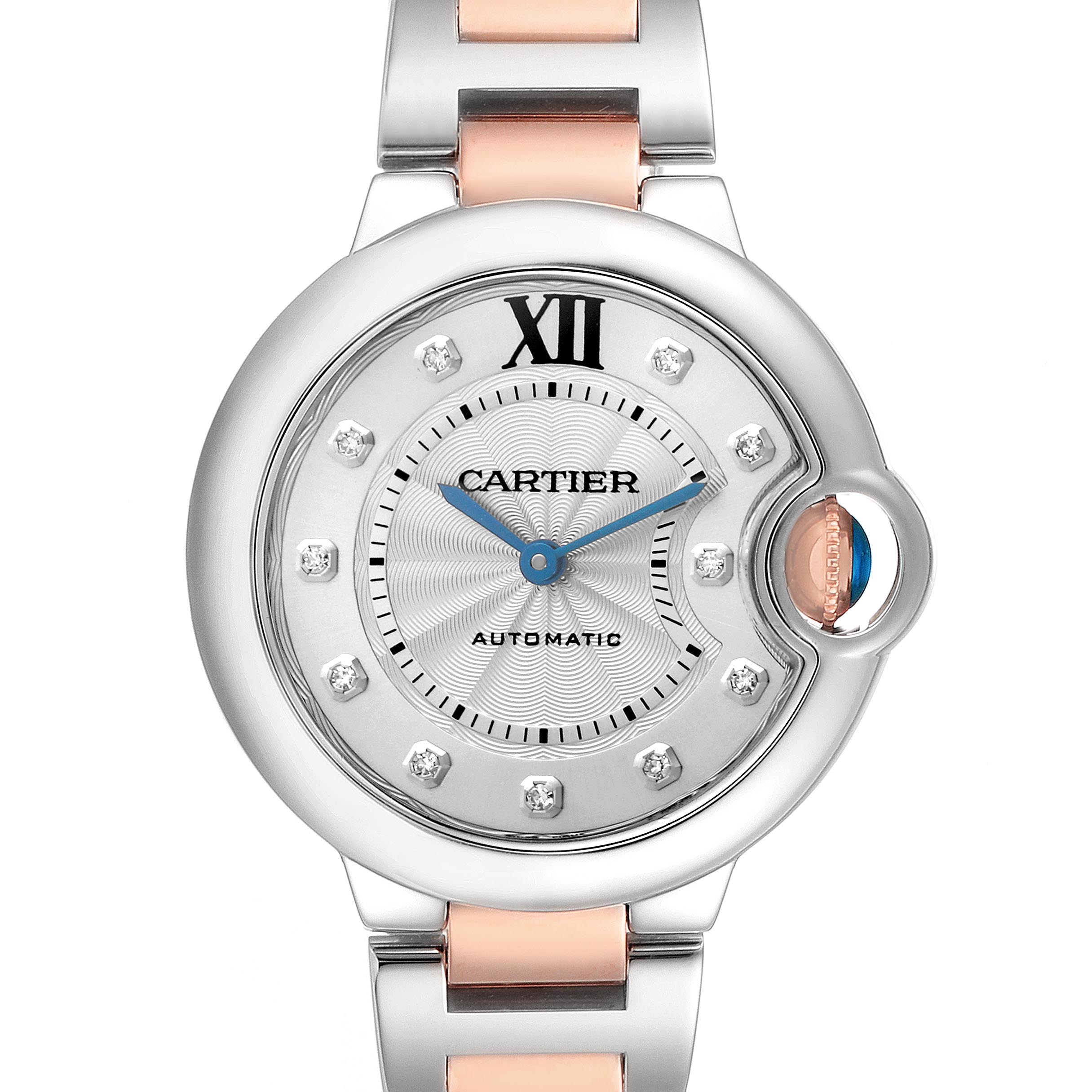 The Cartier Ballon Bleu WE902044 Women's Steel and Gold (two tone) Silver Dial WE902044 Women's Steel and Gold (two tone) Silver Dial watch is shown from the front, displaying its face, hands, and bracelet.