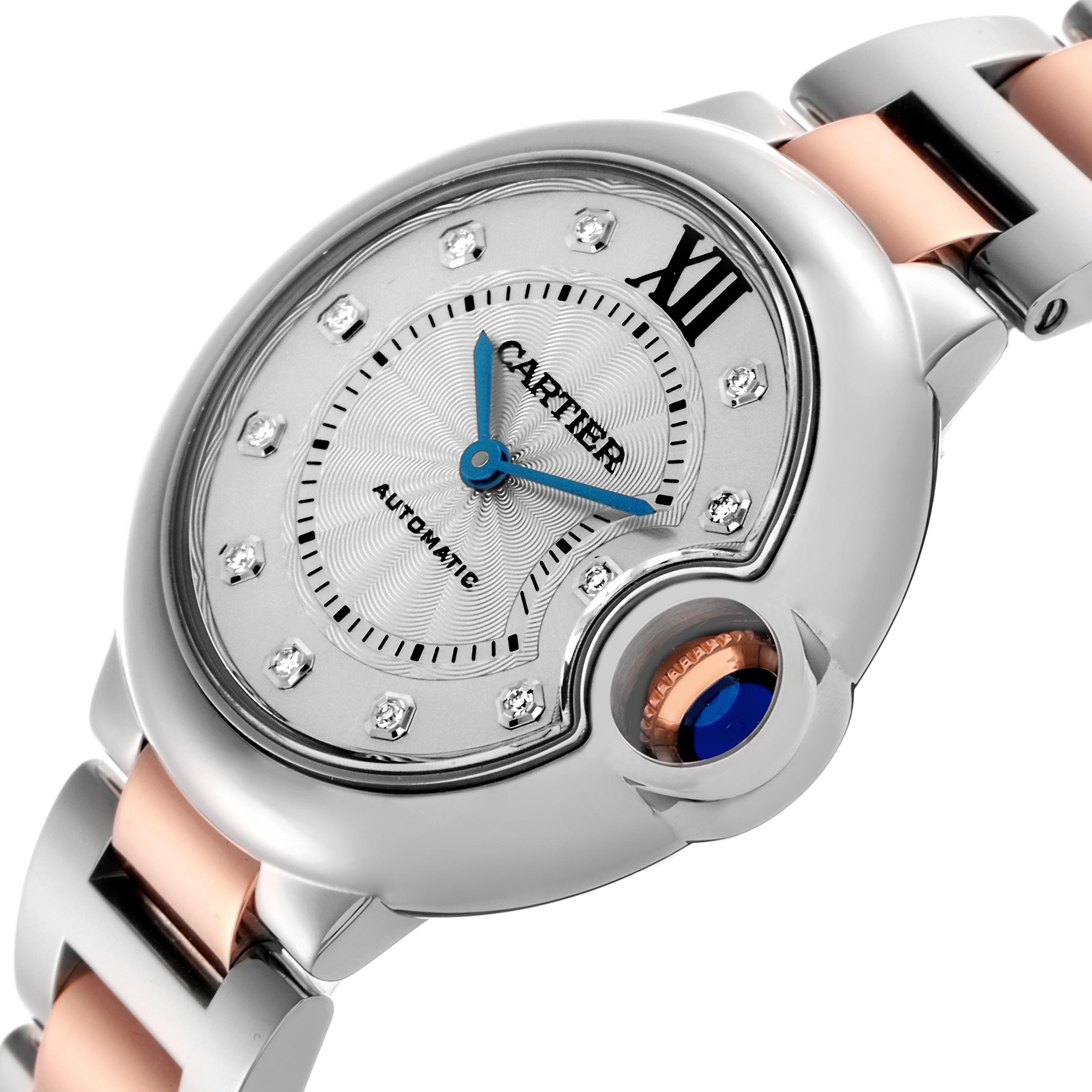 The image shows a Cartier Ballon Bleu WE902044 Women's Steel and Gold (two tone) Silver Dial WE902044 Women's Steel and Gold (two tone) Silver Dial watch at an angled side view, highlighting the dial, crown, and part of the bracelet.