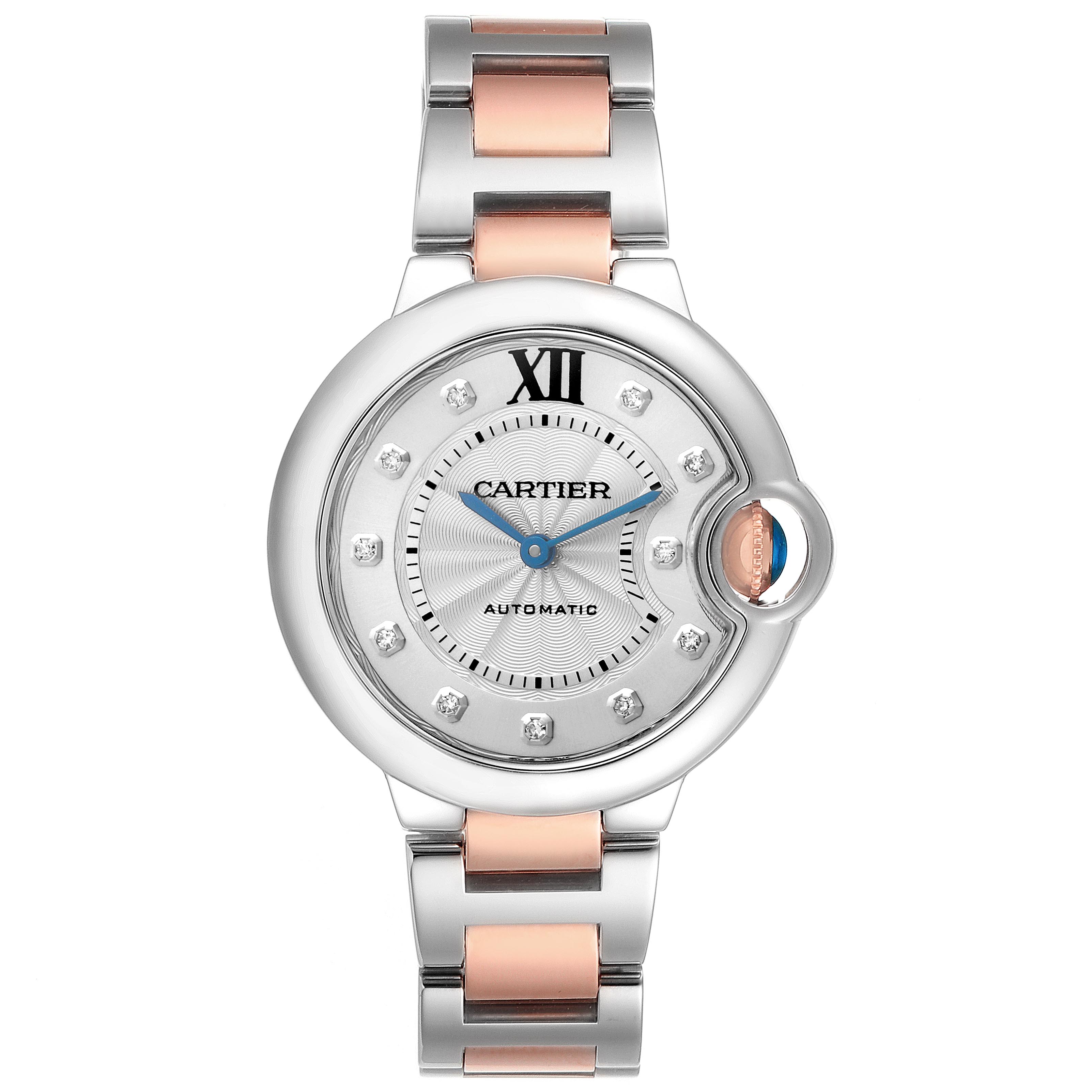 The Cartier Ballon Bleu WE902044 Women's Steel and Gold (two tone) Silver Dial WE902044 Women's Steel and Gold (two tone) Silver Dial watch is shown from a top view, highlighting its face, bracelet, and side crown.