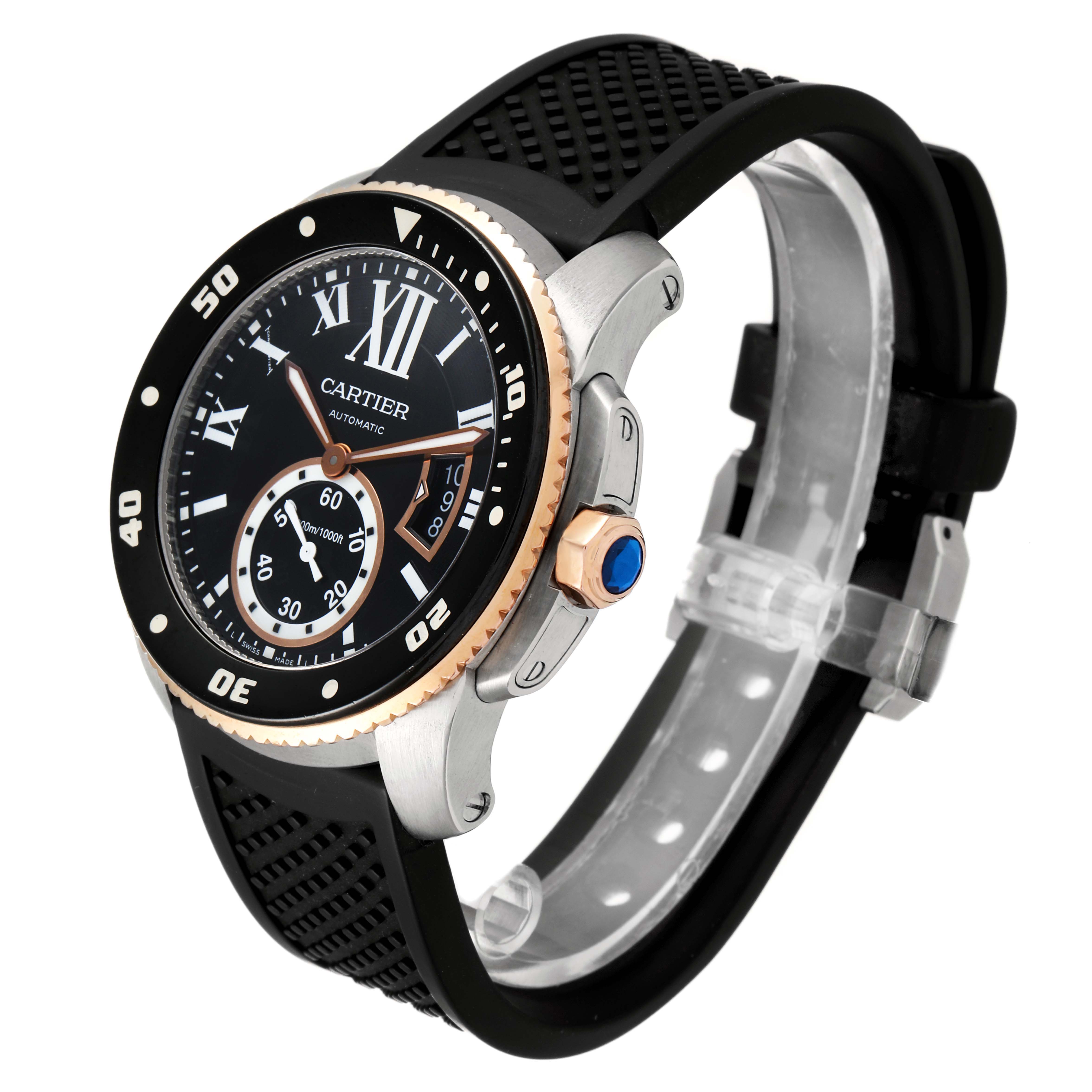 This image shows a side view of the Calibre de Cartier watch by Cartier, highlighting its bezel, dial, crown, and strap.