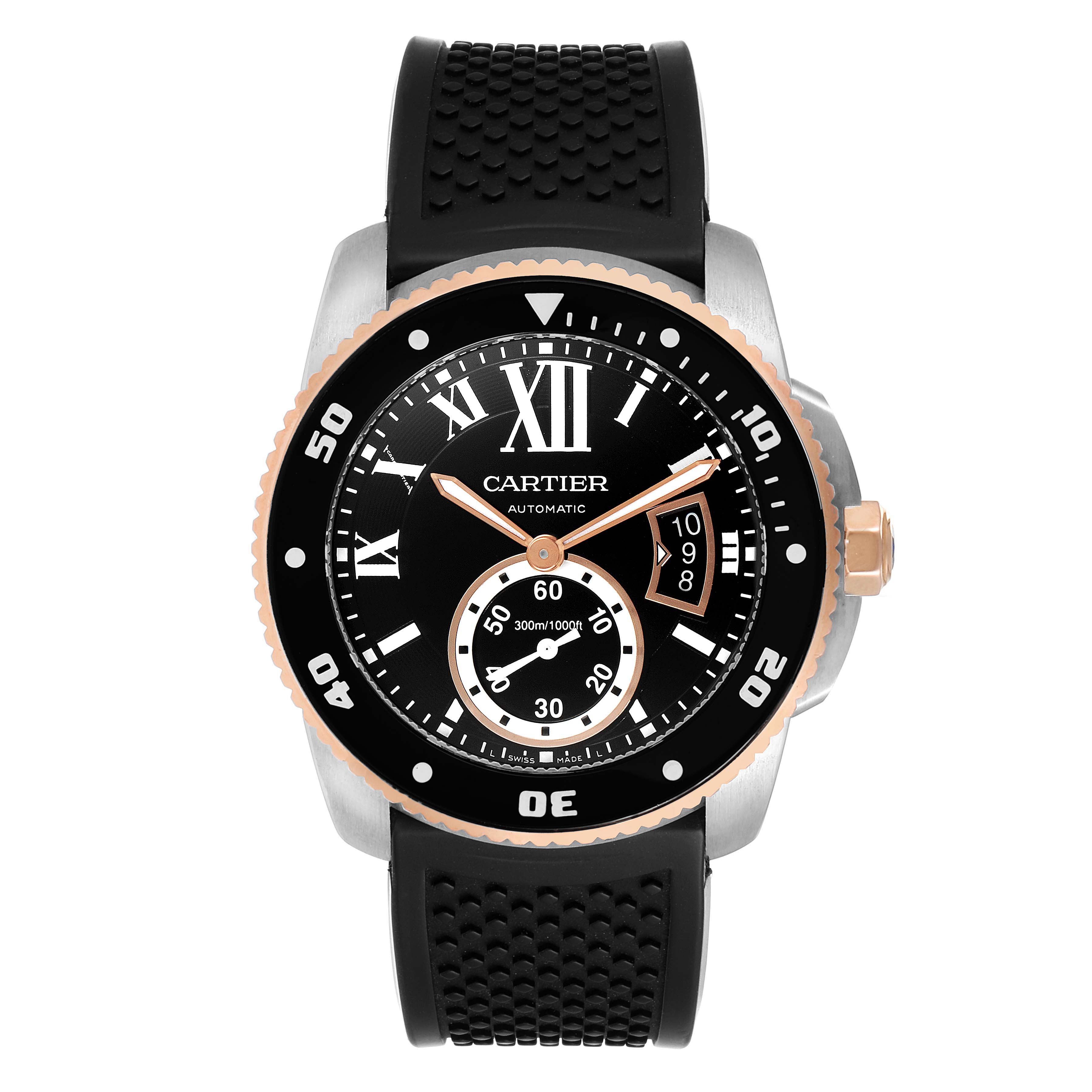 The image shows a front view of a Calibre de Cartier watch by Cartier, displaying the dial, bezel, and strap.