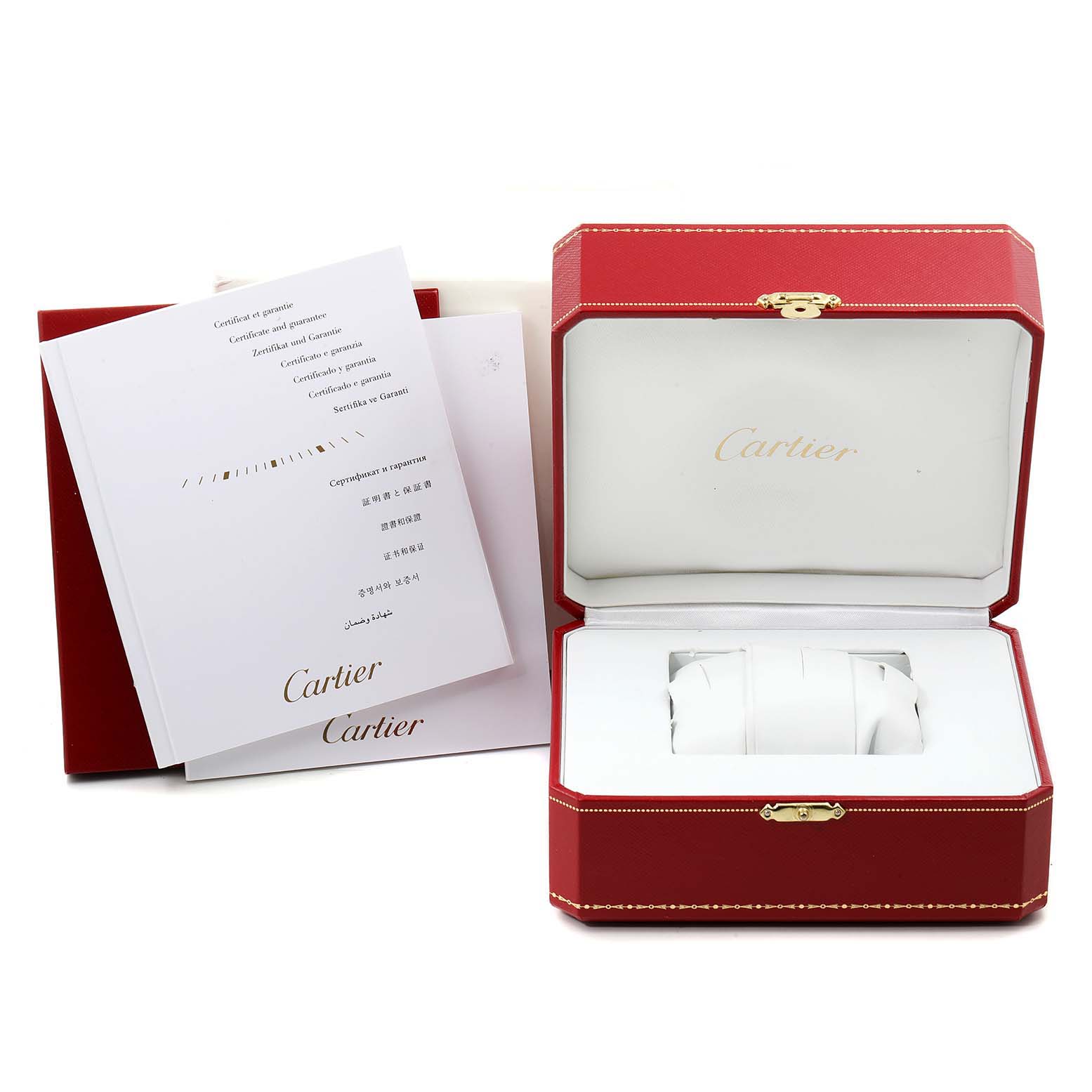The image shows an open Cartier watch case with documents, showcasing the Calibre de Cartier model.