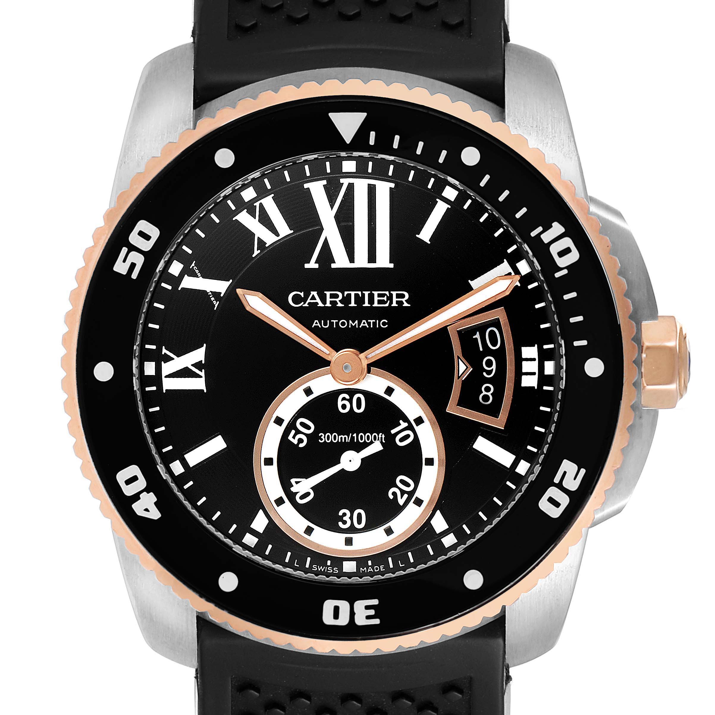 The image shows the front view of the Calibre de Cartier watch by Cartier, displaying its dial, bezel, and crown.