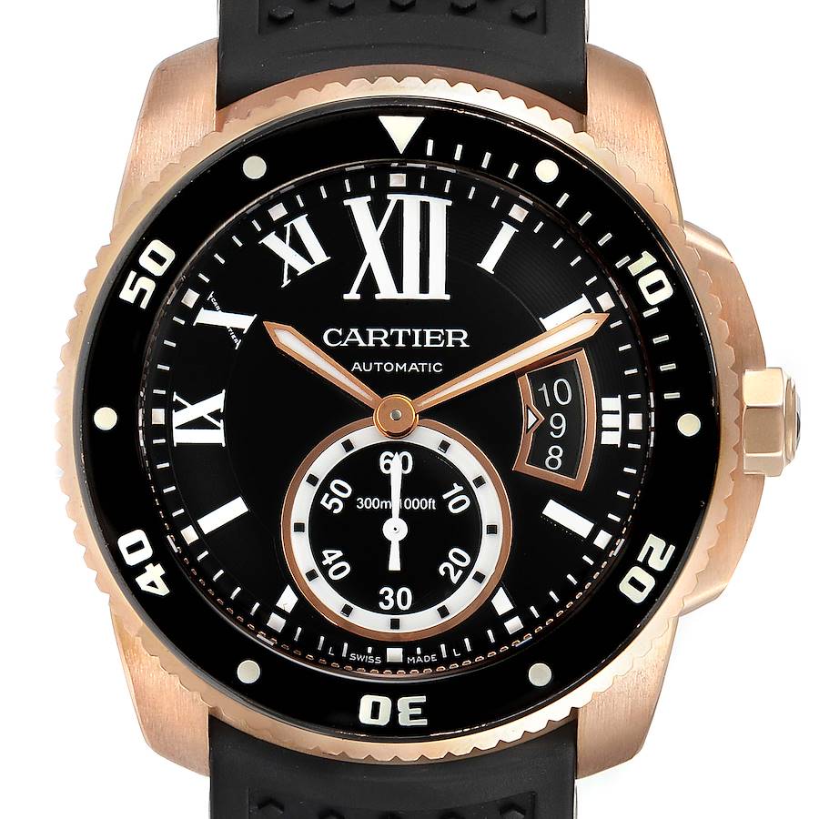 Cartier Calibre Diver Rose Gold Black Dial Automatic Mens Watch W7100052 SwissWatchExpo