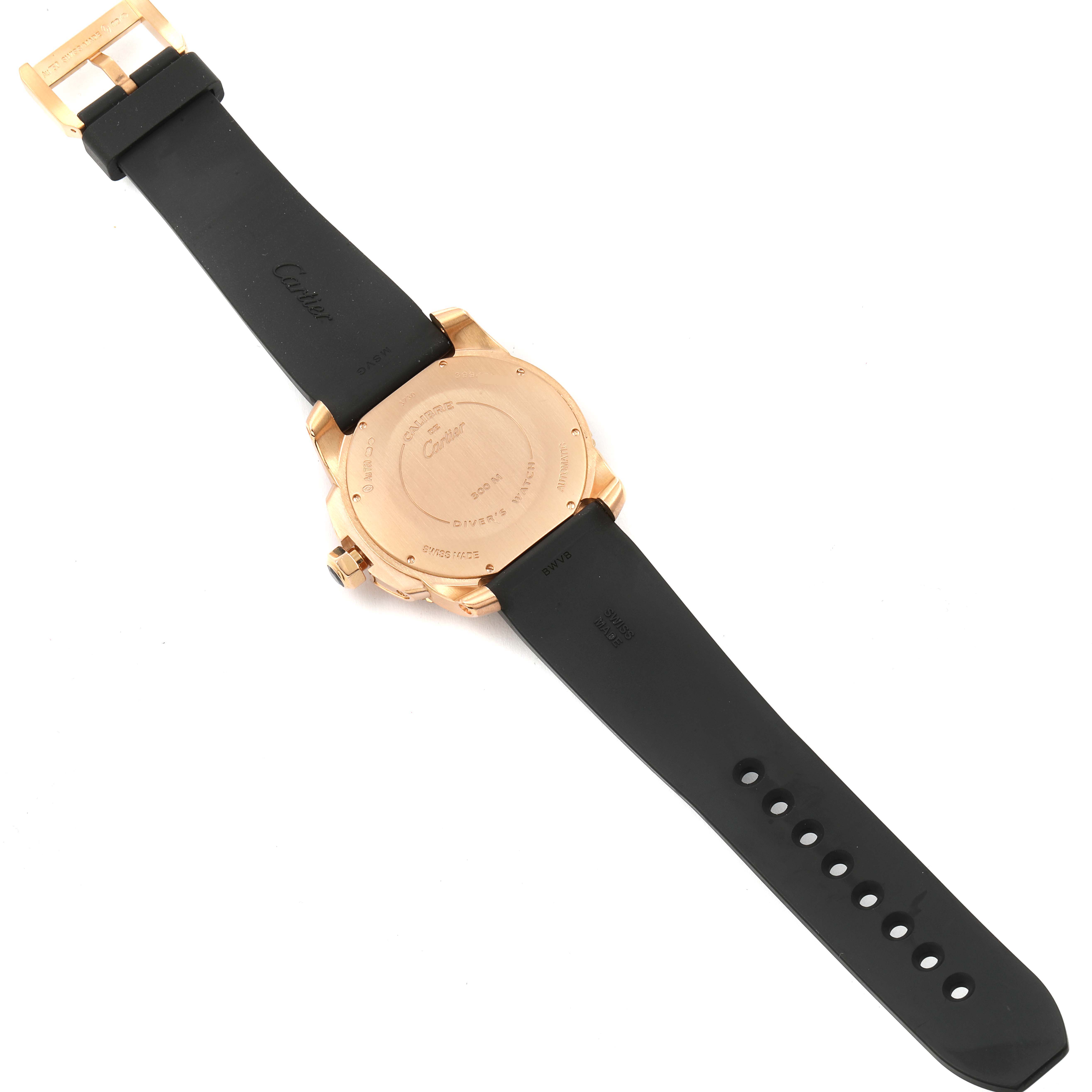 The image shows the back and straps of a Calibre de Cartier watch by Cartier at a slight angle.